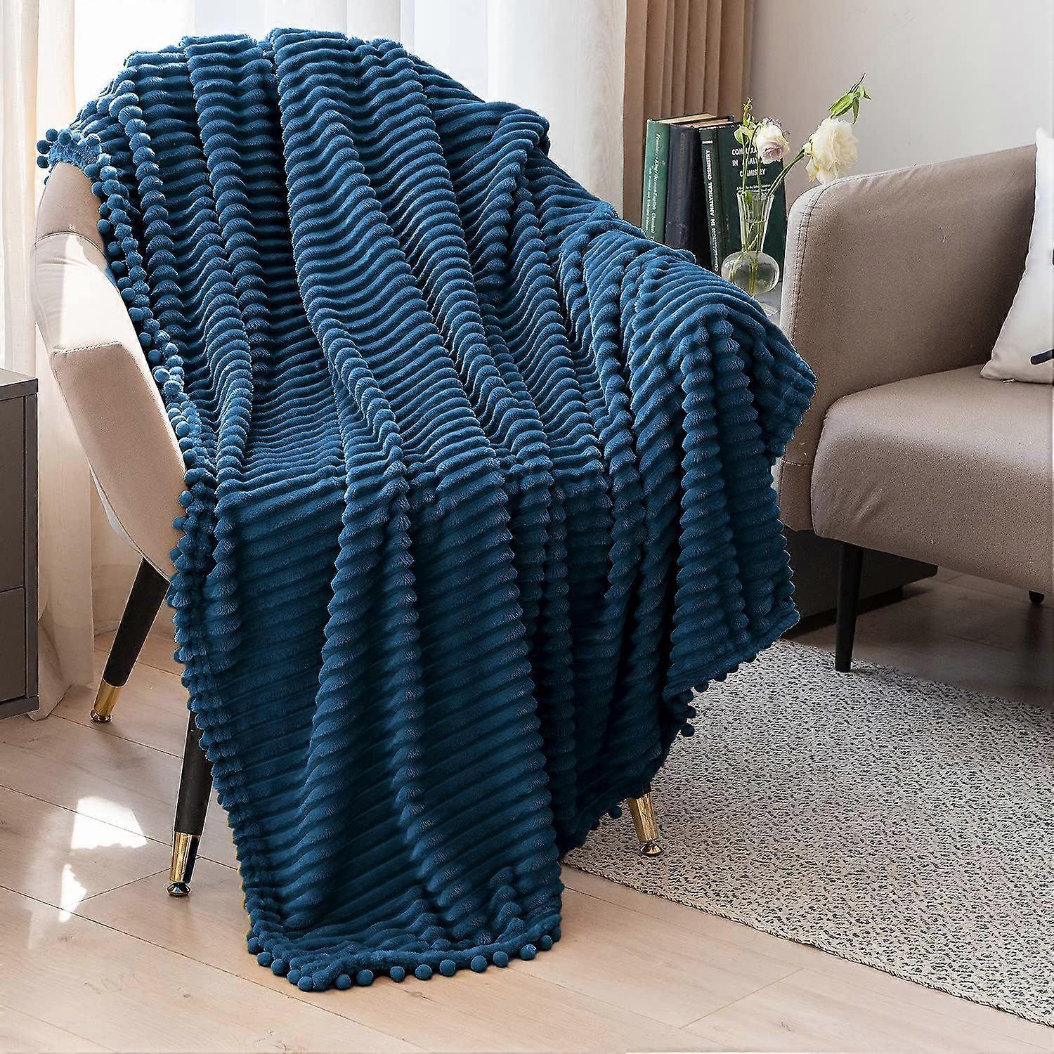 Fleece Blanket Twin Size 51x59, Blue Soft, Plush, Fluffy, Fuzzy, Warm, Cozy Perfect Throw for Couch, Bed, Sofa - with Pompom Fringe - Flannel Blank