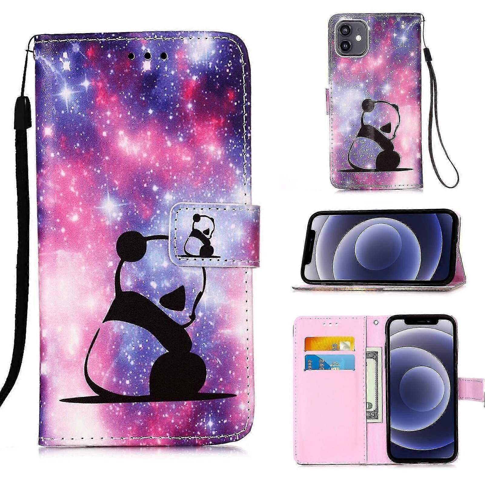 متوافق مع iphone 12 حالة الجلود الوجه غطاء المحفظة مع بطاقة فتحة حامل كيكستاند نمط - الباندا