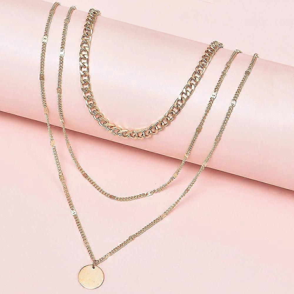 Cold Wind Disc Pendant Clavicle Neck Chain, Multi-layer Necklace, Chain Necklace
