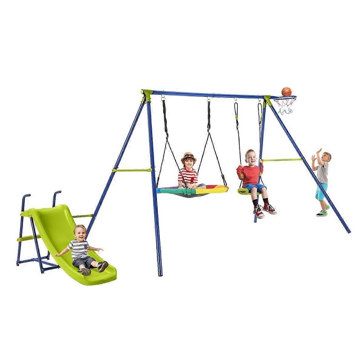 4-in-1 swing set for 3-12 year olds Sturdy metal playset with