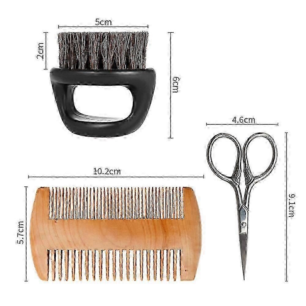 3-piece set of retro oil head carving cleaning broken hair brush beard set brush beard styling set comb with small scissors