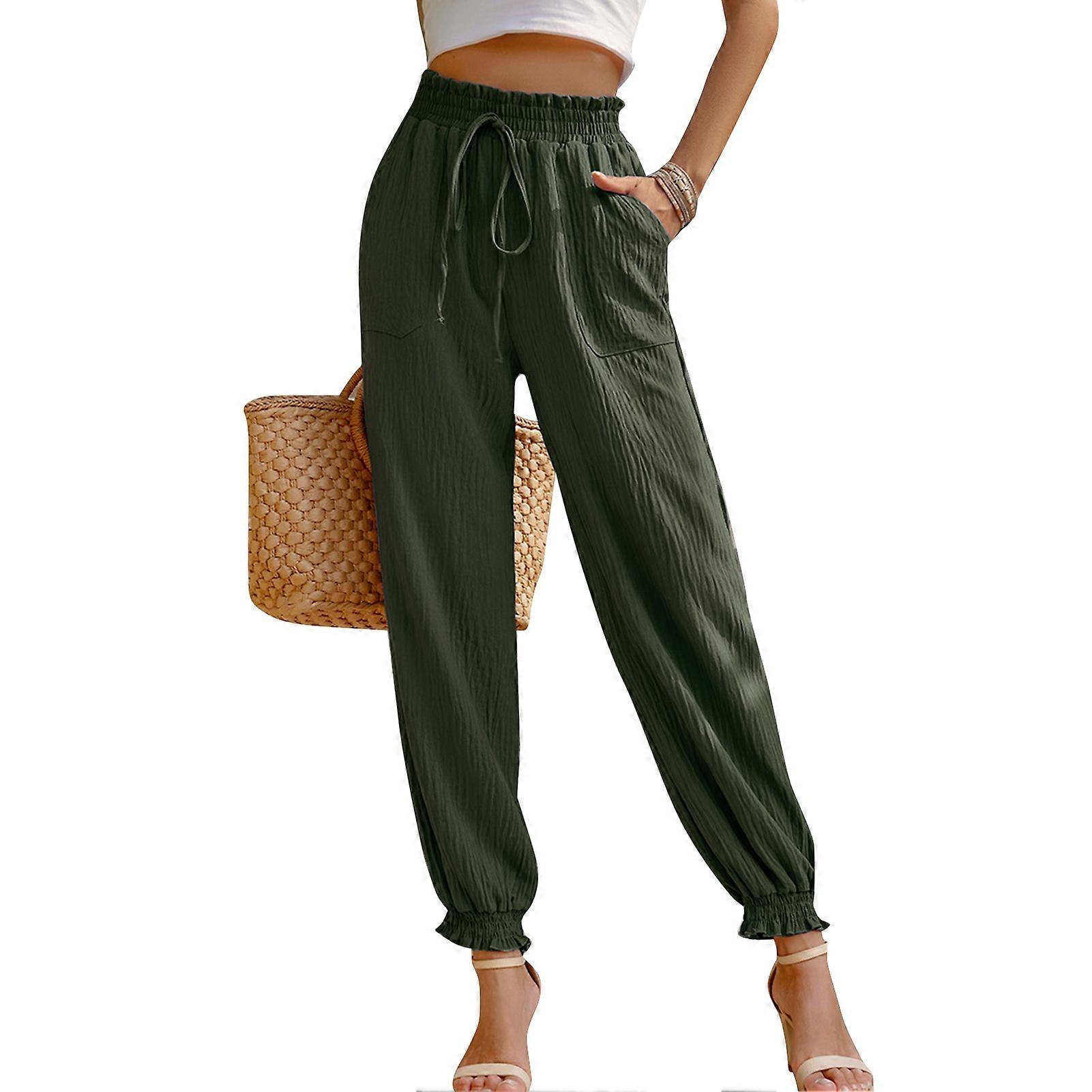 Women High Waist Long Pants Pure Elastic 2 Pockets Simple Comfortable Plain Color Ankle Tie Trousers