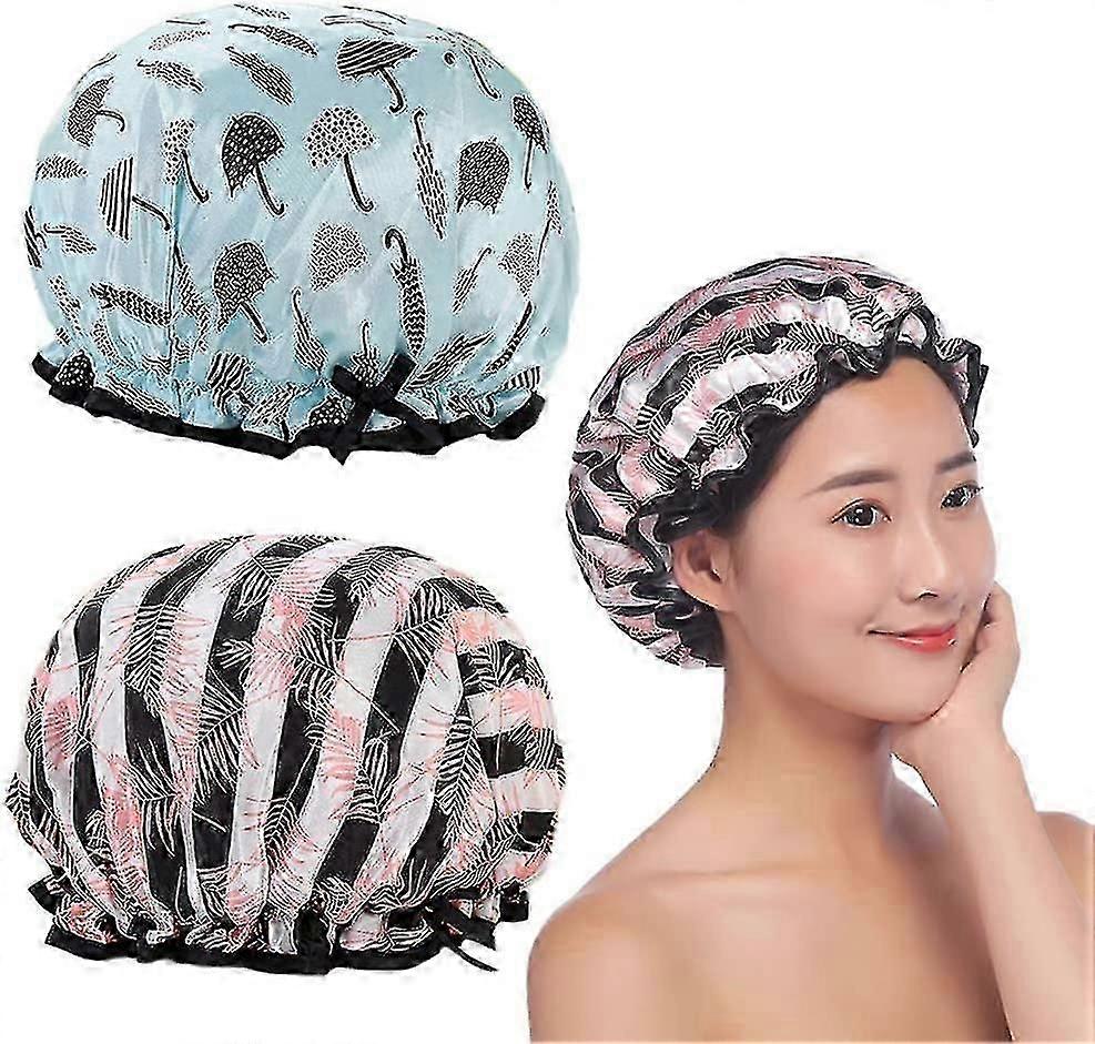 2pcs Reusable Shower Caps Women's Spa Cap Double Layers Waterproof Bath Caps