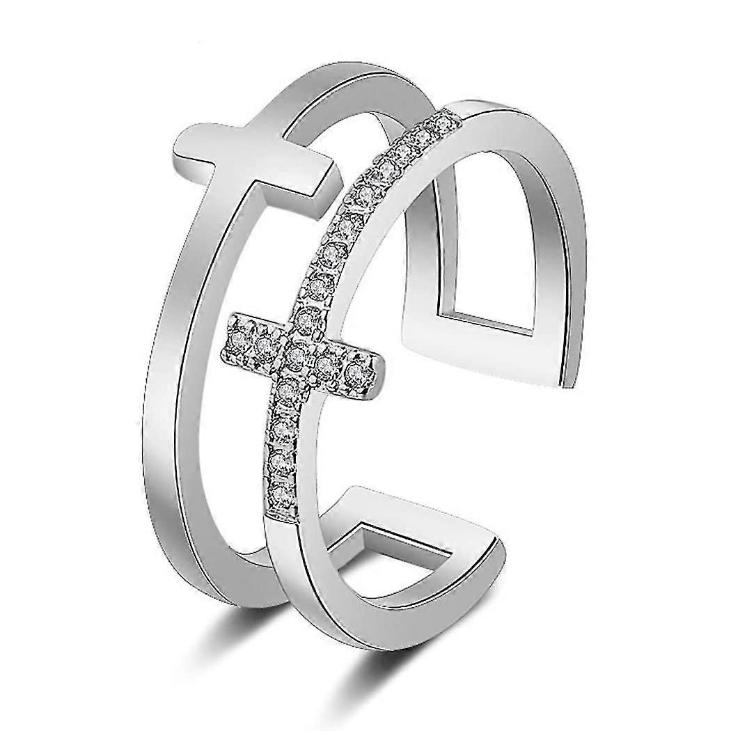 Cross Ring Silver Crystal Band Rings Adjustable Open Ring