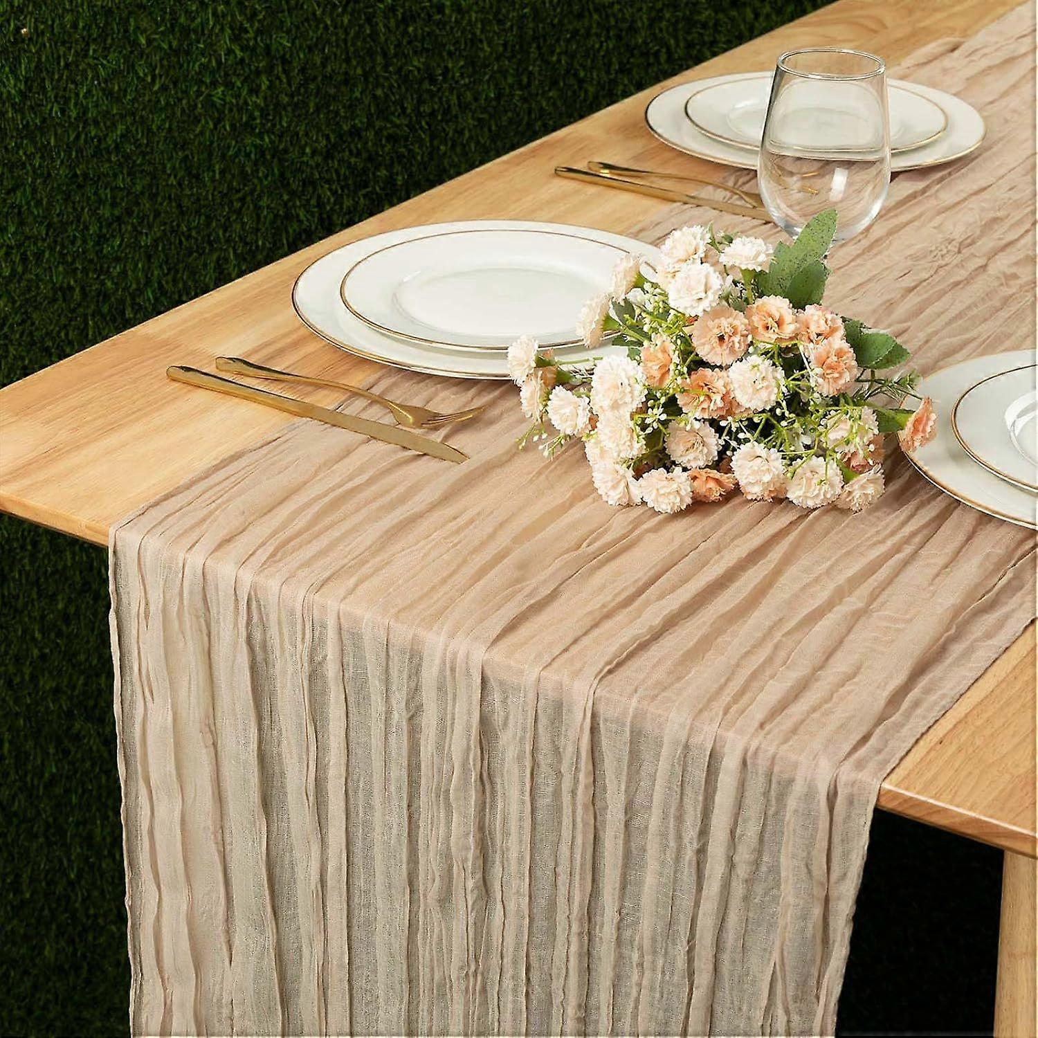 4m Long Bohemian Style Khaki Cheesecloth Table Runner, Rustic Sheer Table Runner for Wedding, Bridal Shower, Birthday Party, Table Decoration (90 x 4