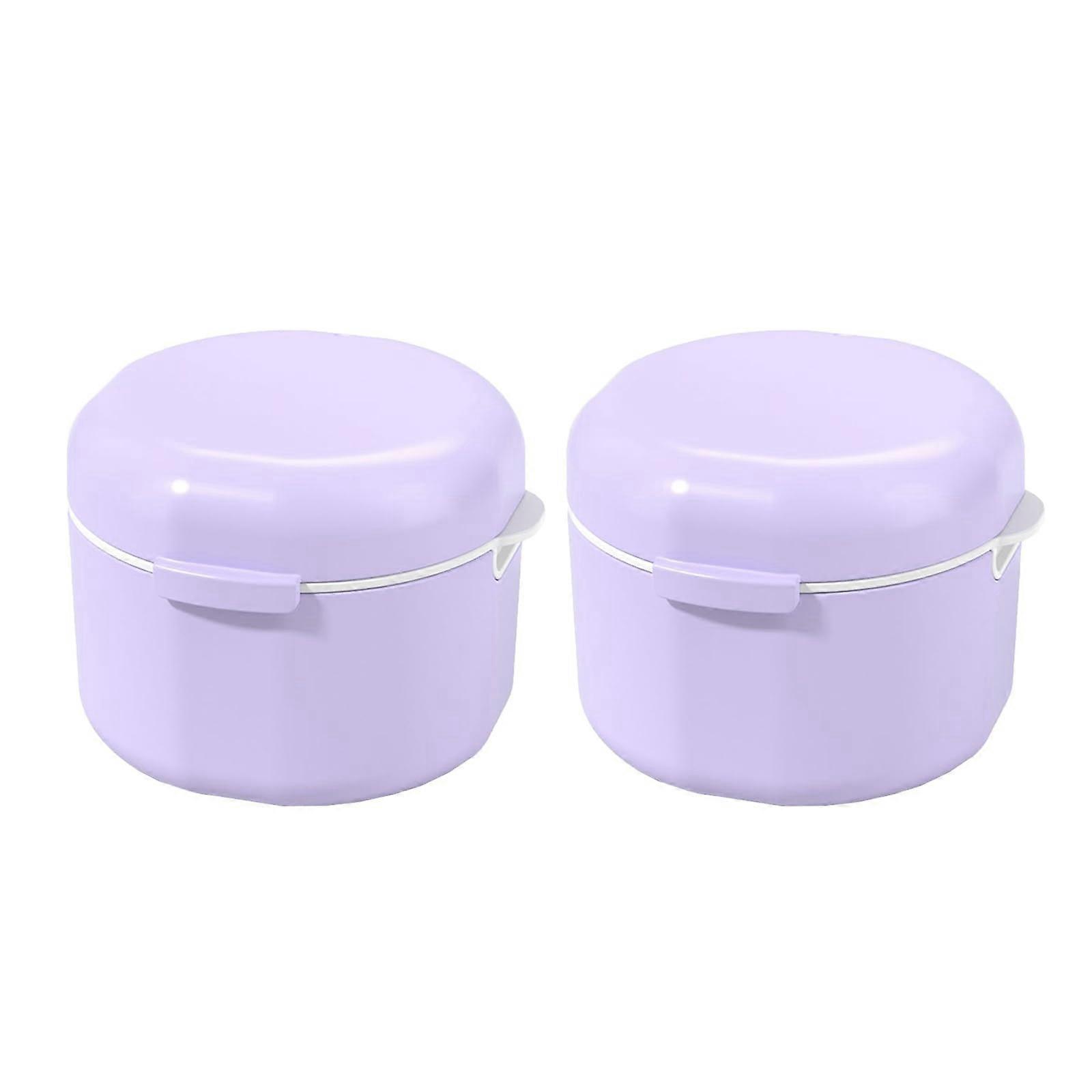 PP Denture Cup with Lid, 2 Pcs Double Layer Denture Soaking Container with Drain Basket for Travel, Purple