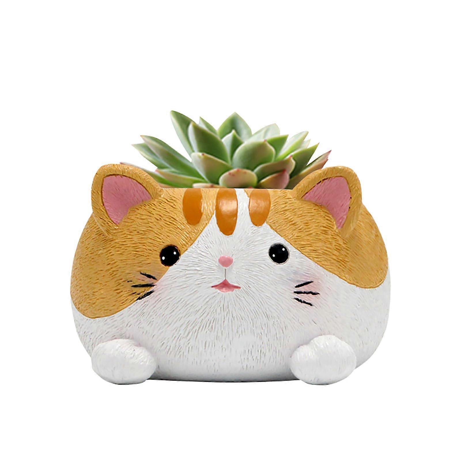 Cute Succulent Pots with Drainage, 10 cm Resin Cat Planters for Cacti, Small Animal Flower Pots for Home Office Garden