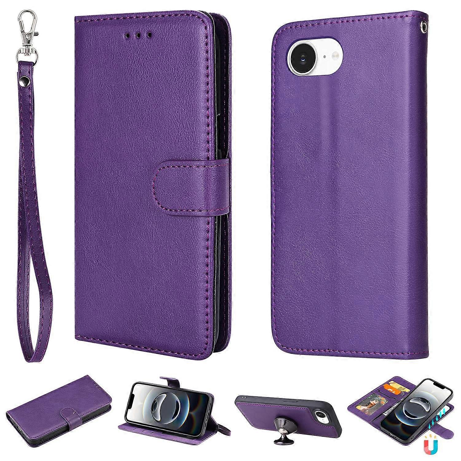 For iPhone 16e Case 2 in 1 Detachable Magnetic Leather Wallet Mobile Cover with Strap