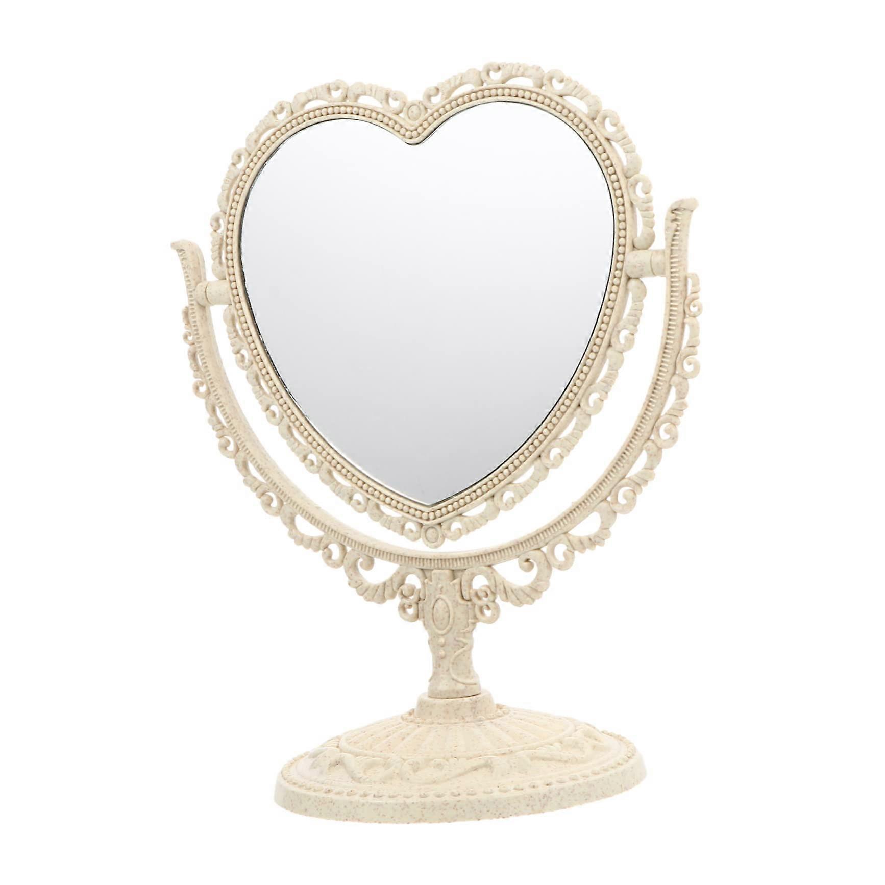 Vintage LED Makeup Mirror with Rotating Heart Design for Vanity Table, Beige Plastic 24x20cm