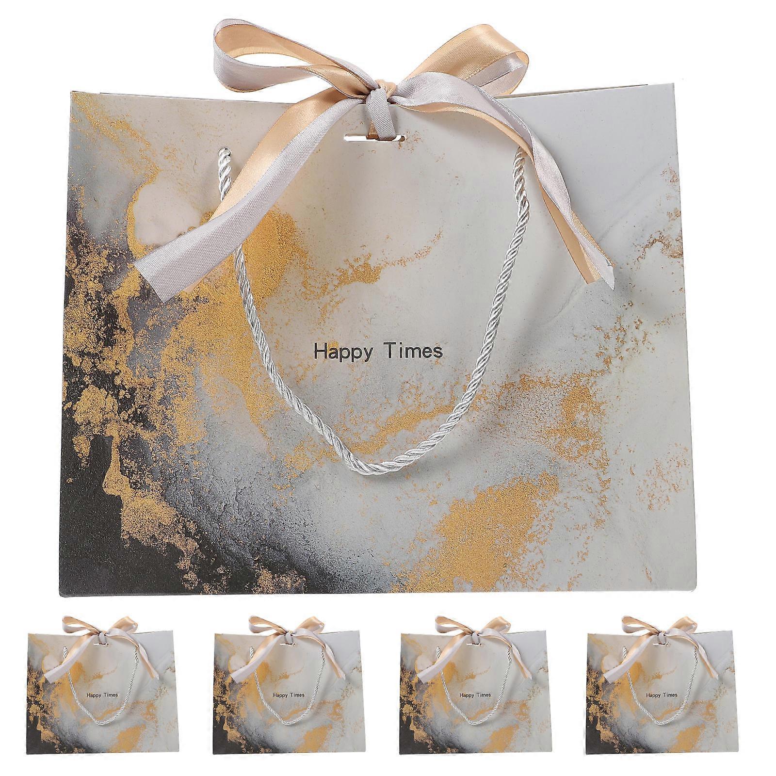 Marble Pattern Present Bags With Bow Ribbon Storage Function Medium Size Paper Material 5Pcs