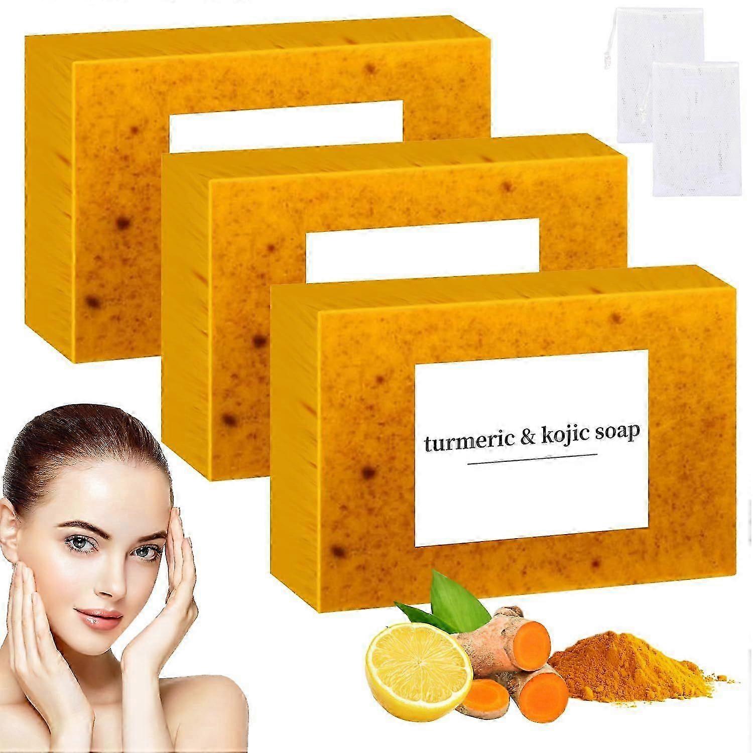Lemon Turmeric Kojic Acid Soap,Natural Handmade Soap,Turmeric Soap Bar for Face and Body, Smooth Skin Tumeric Soap,Deep Cleansing Soap for Men & Women