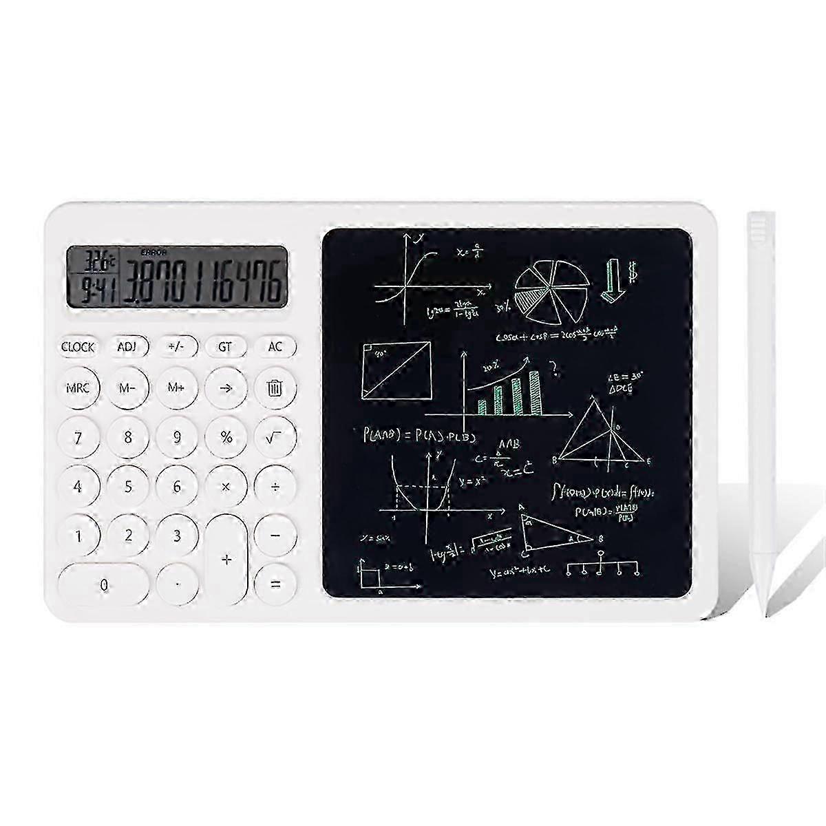 Calculator with LCD Writing Tablet, 2-In-1 Desktop Standing Calculator with Electronic Calendar Time Temperatures JP