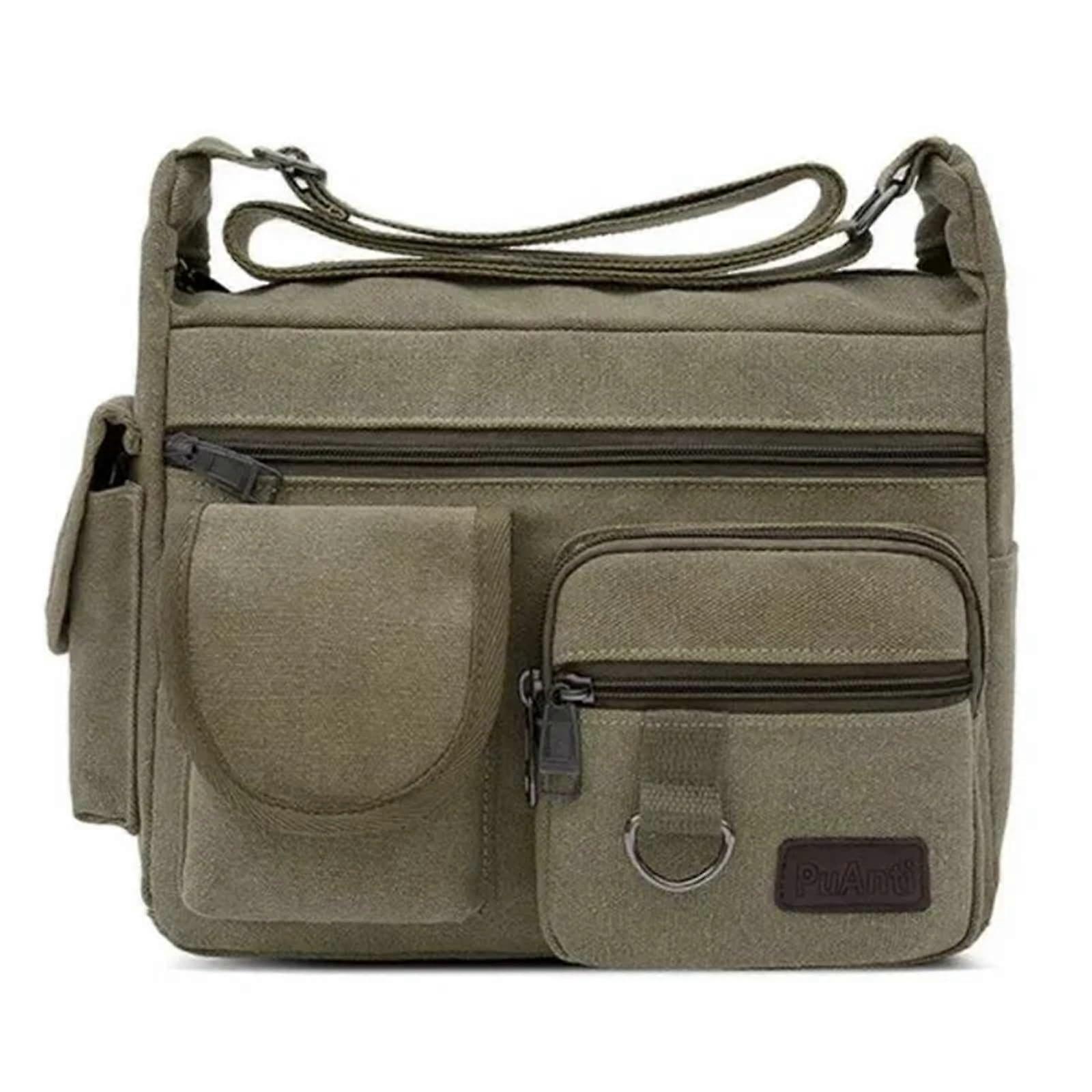 Briefcase Canvas Men's Messenger Bag Large Capacity Multi-Layer Casual Crossbody Green For Students Travel