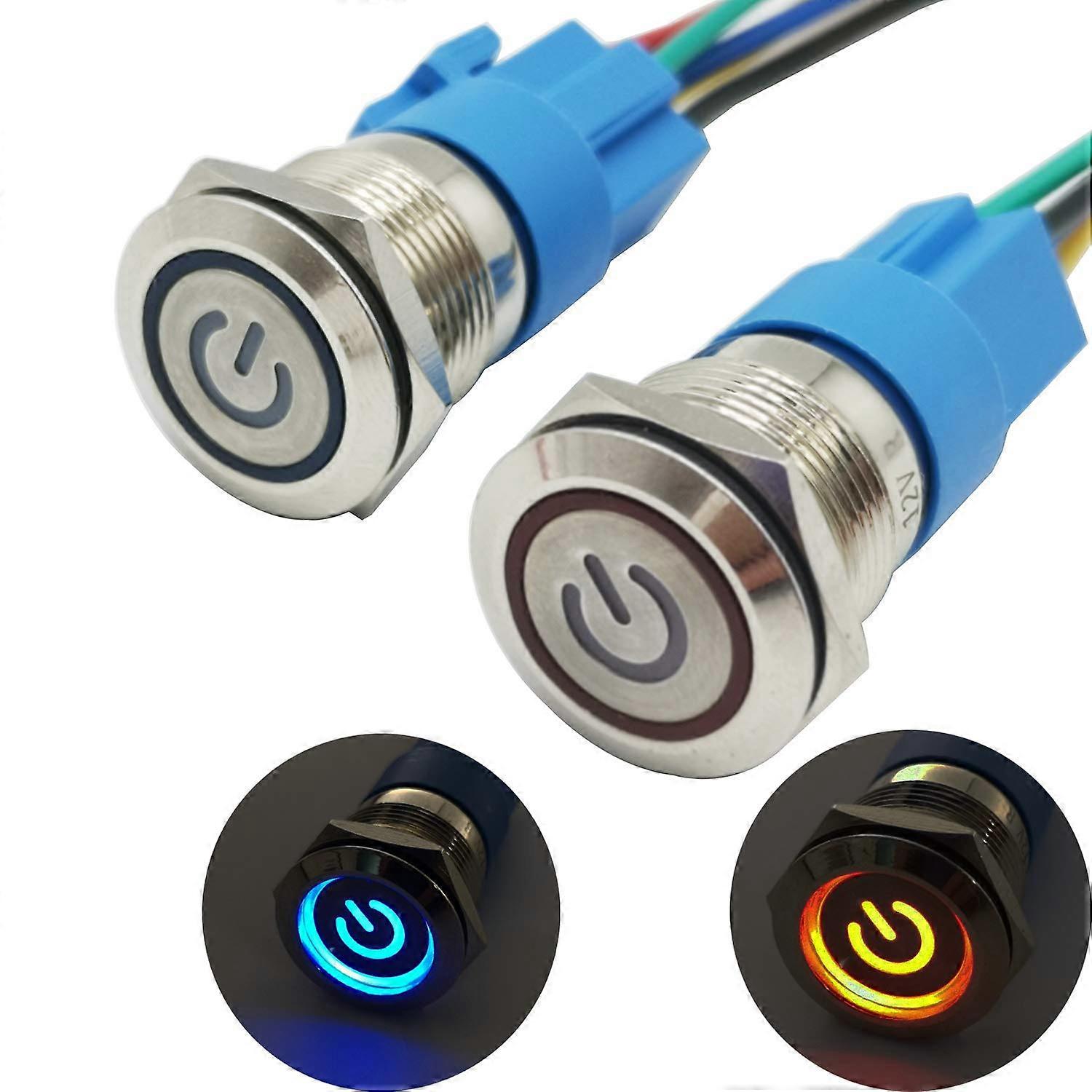 Latching Pressure Switch with LED Push Button, Metal IP67 Waterproof Switch for 16mm Mounting, 12V Stainless Steel (Blue & Red) - Pack of 2