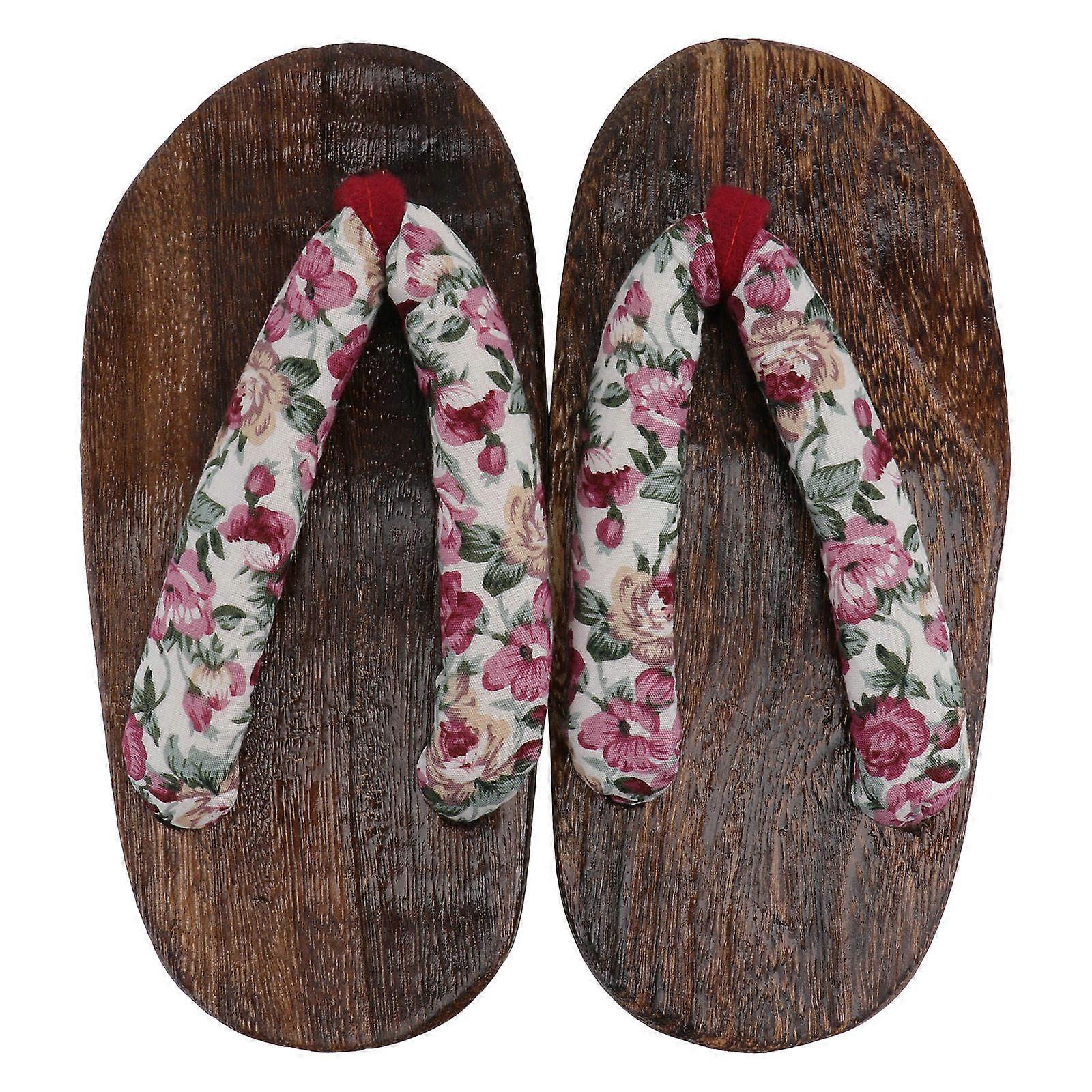 Japanese Clogs Stylish Wooden Clog Slippers Flat Bottom Design Cotton Cloth Pink 1 Pair