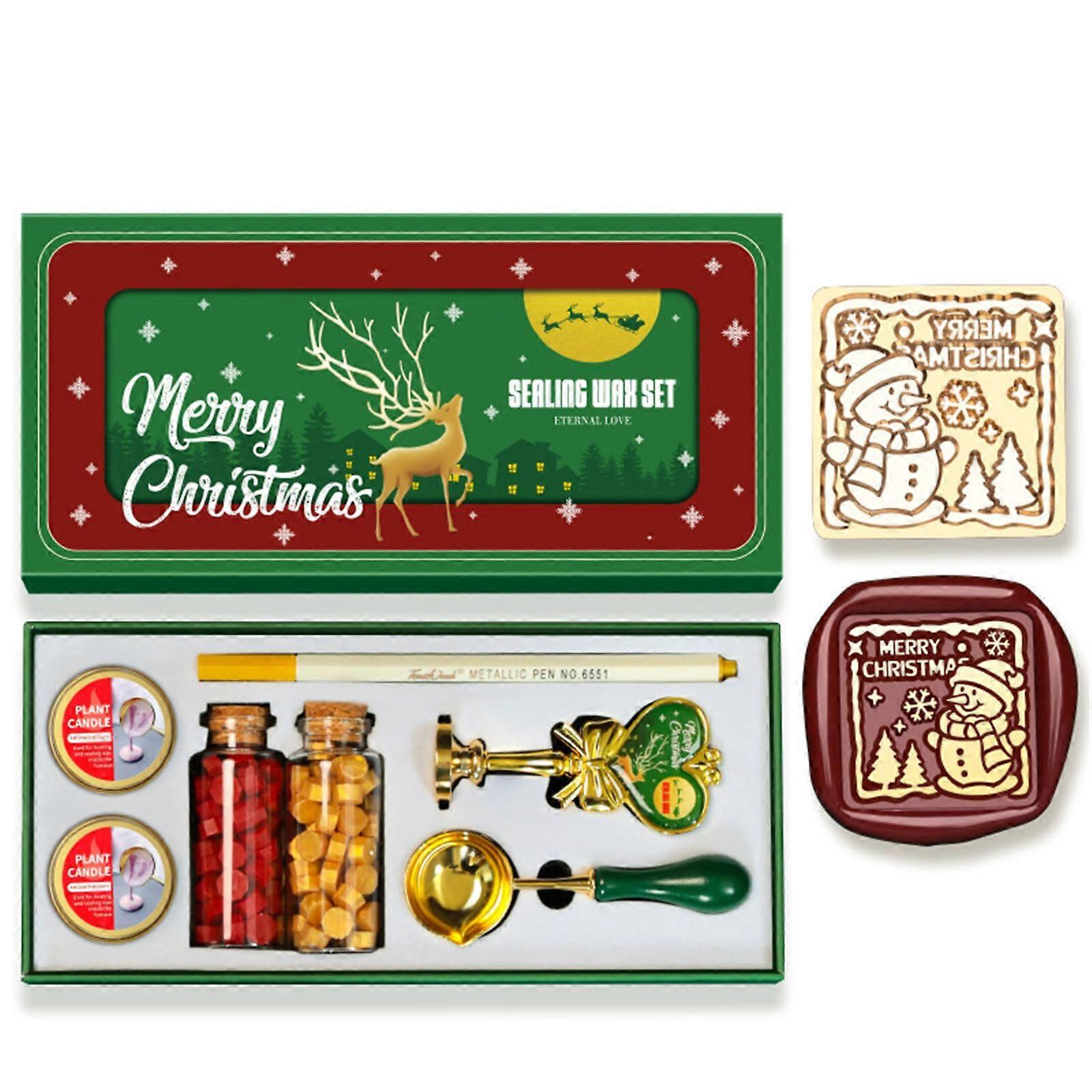 Seal stamp set with Christmas motifs and melting spoon, seal stamps, beads, metallic pen for sealing envelopes, invitations, Green 02