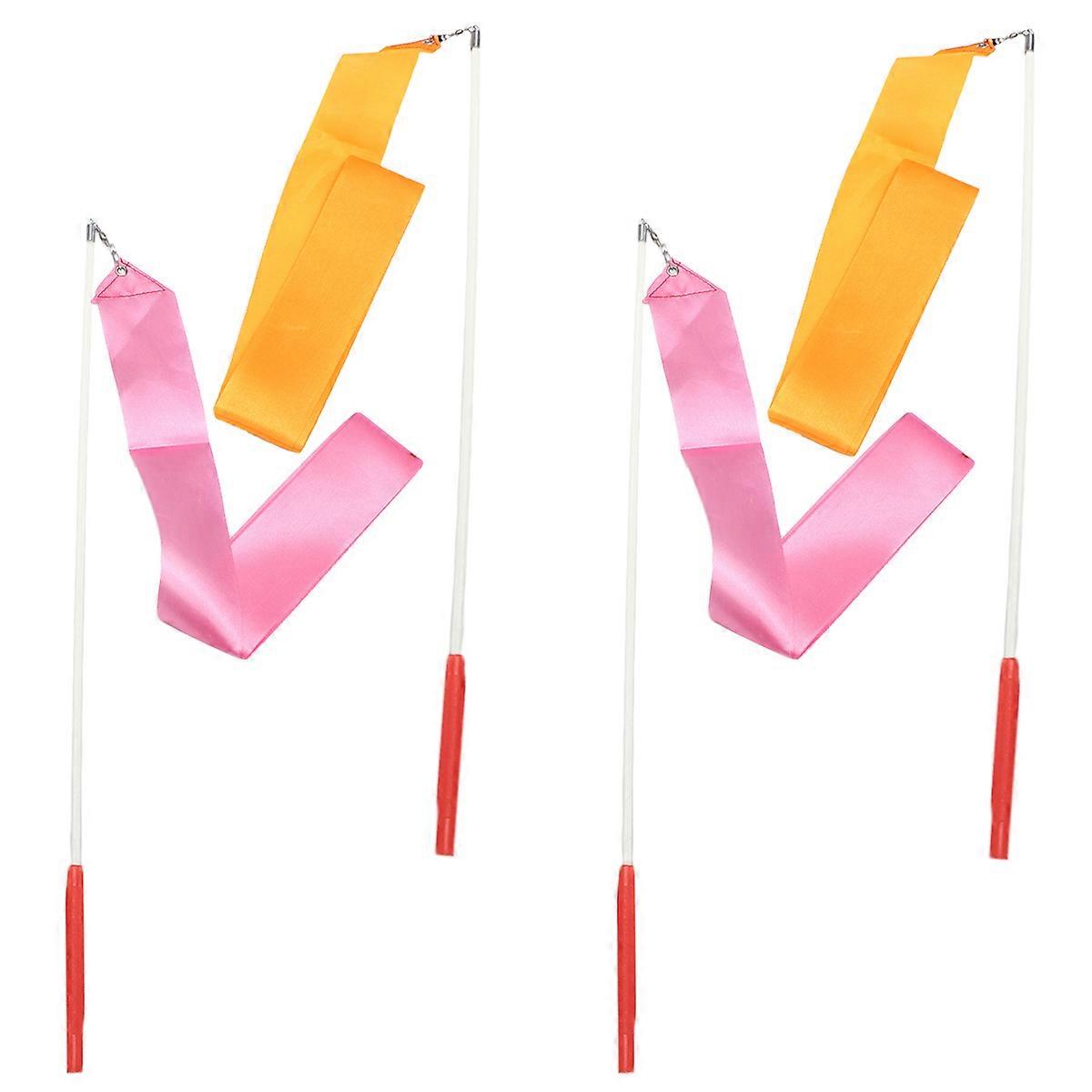 4pcs 4 Meter Rhythmic Gymnastics Ribbons with Stick for Children Dancing Streamers and Twirling Rods (Orange/Pink, Each 2pcs)