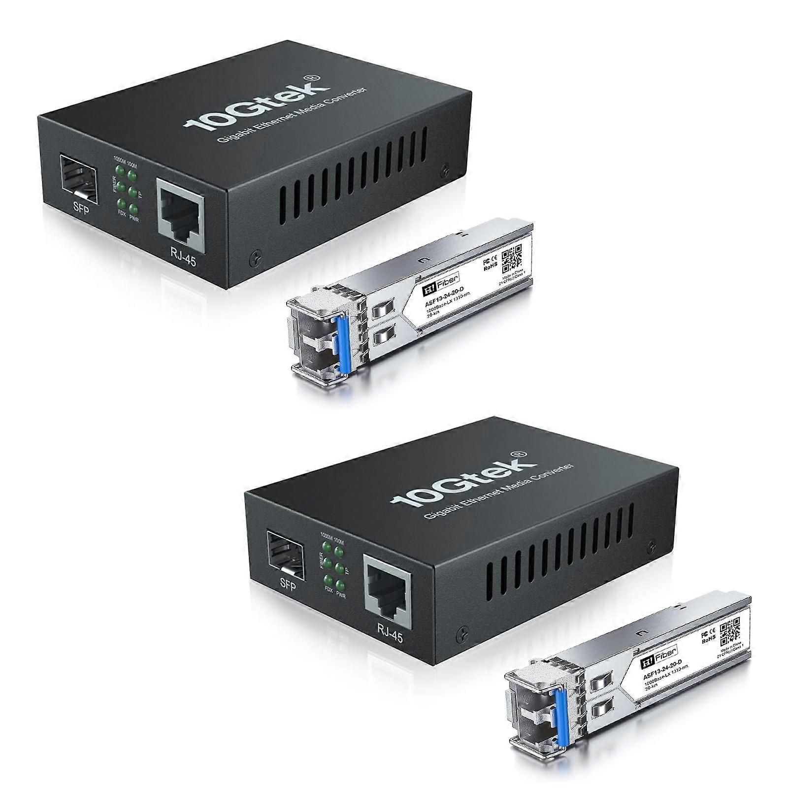 2er-Pack Gigabit-Ethernet-Medienkonverter, 1,25-G-SFP-zu-RJ45-Glasfaser auf Kupfer mit einem SFP-Transceiver (1000BaseLX, 20 km, Singlemode) SMF, SFP 2er-Pack