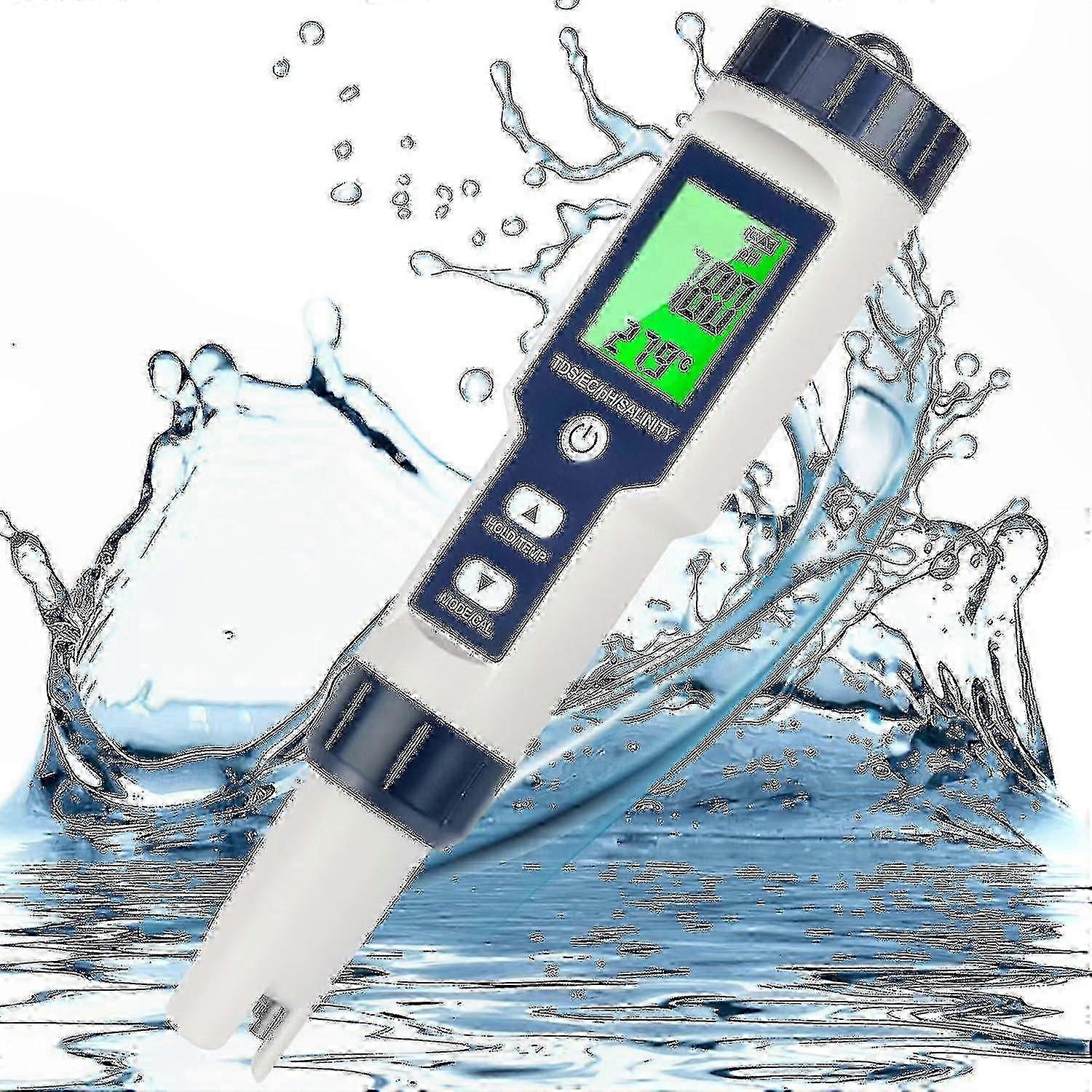 Digital 5-in-1 Water Quality Tester for pH/TDS/EC/Temp/Salt, High Accuracy 0.01 Resolution Pool Salt Meter