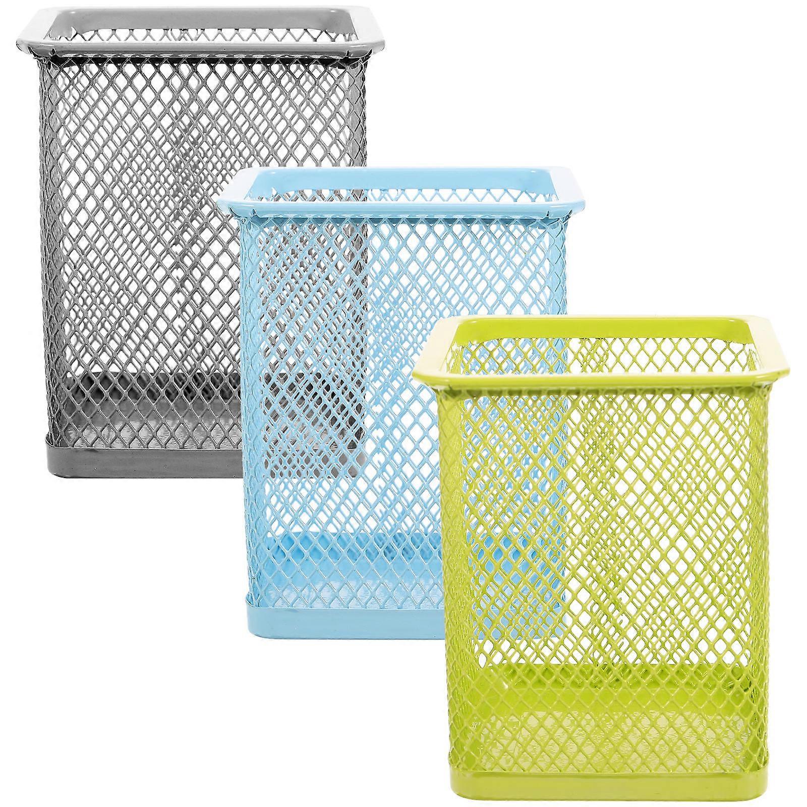 Brush Pen Holder For School Use with Assorted Color Metal Mesh Design Desktop Organizer 3Pcs
