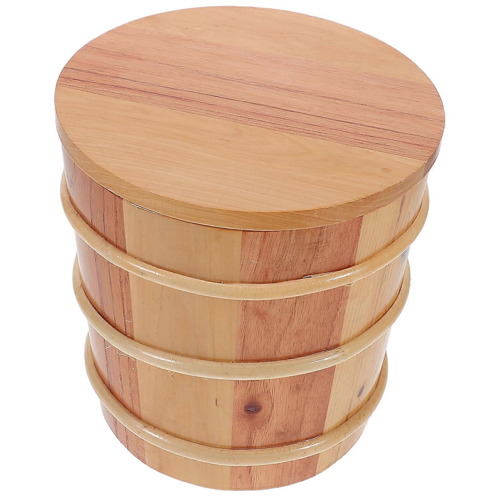 Wooden Rice Storage Bucket with Lid for Home in Coffee Color Solid Wood Design 100% Versatile Use