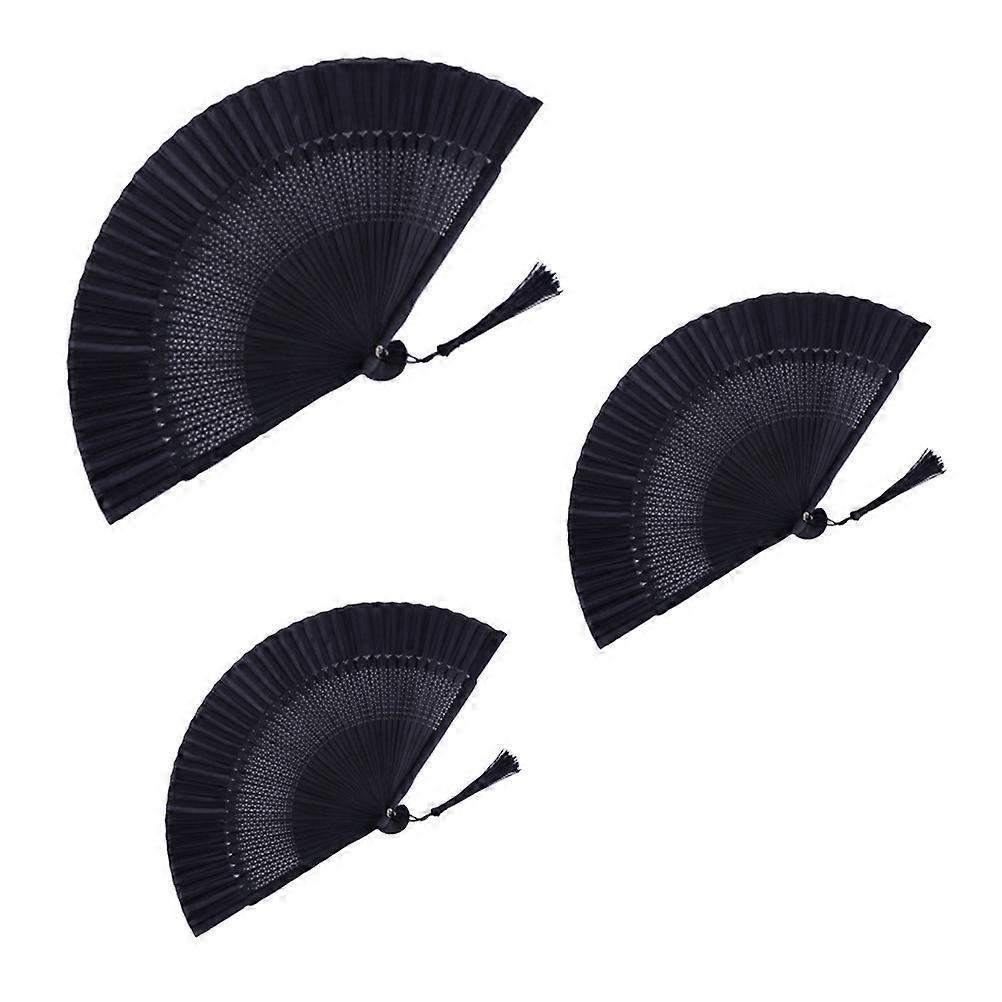 Lacquered Black Folding Tassel Fan Classical Dance Fan Craft Fan for Decoration Hollow Out Design Black Case Black Cover