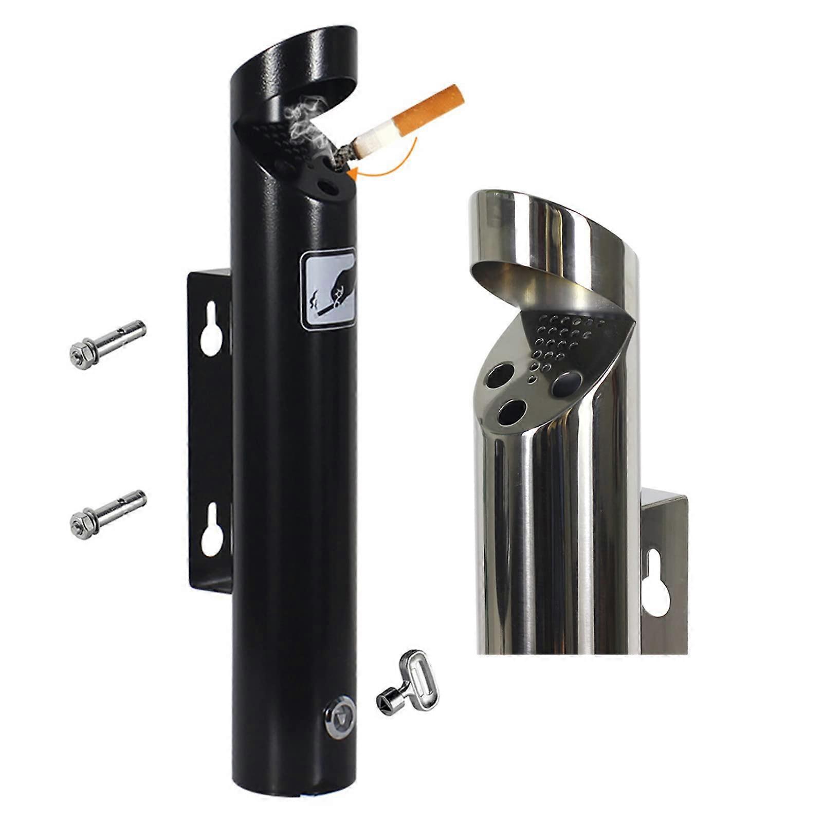 Outdoor Wall Mounted Ashtray with Lock, Weatherproof Fireproof Tall Black Cigarette Bin