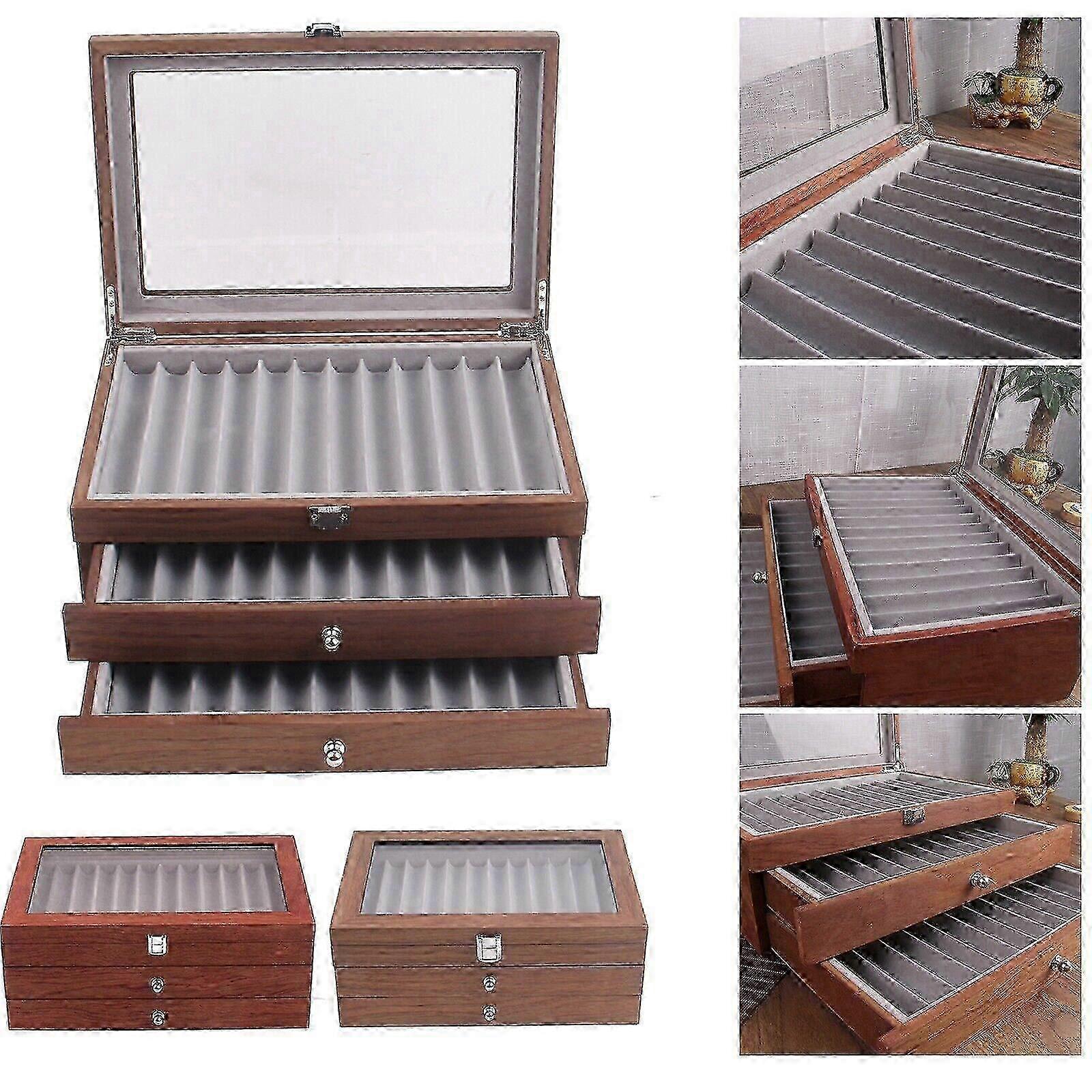 Wooden Pen Case: 34-Position Vintage Storage Box for Displaying & OrganizingPens - Quality Design