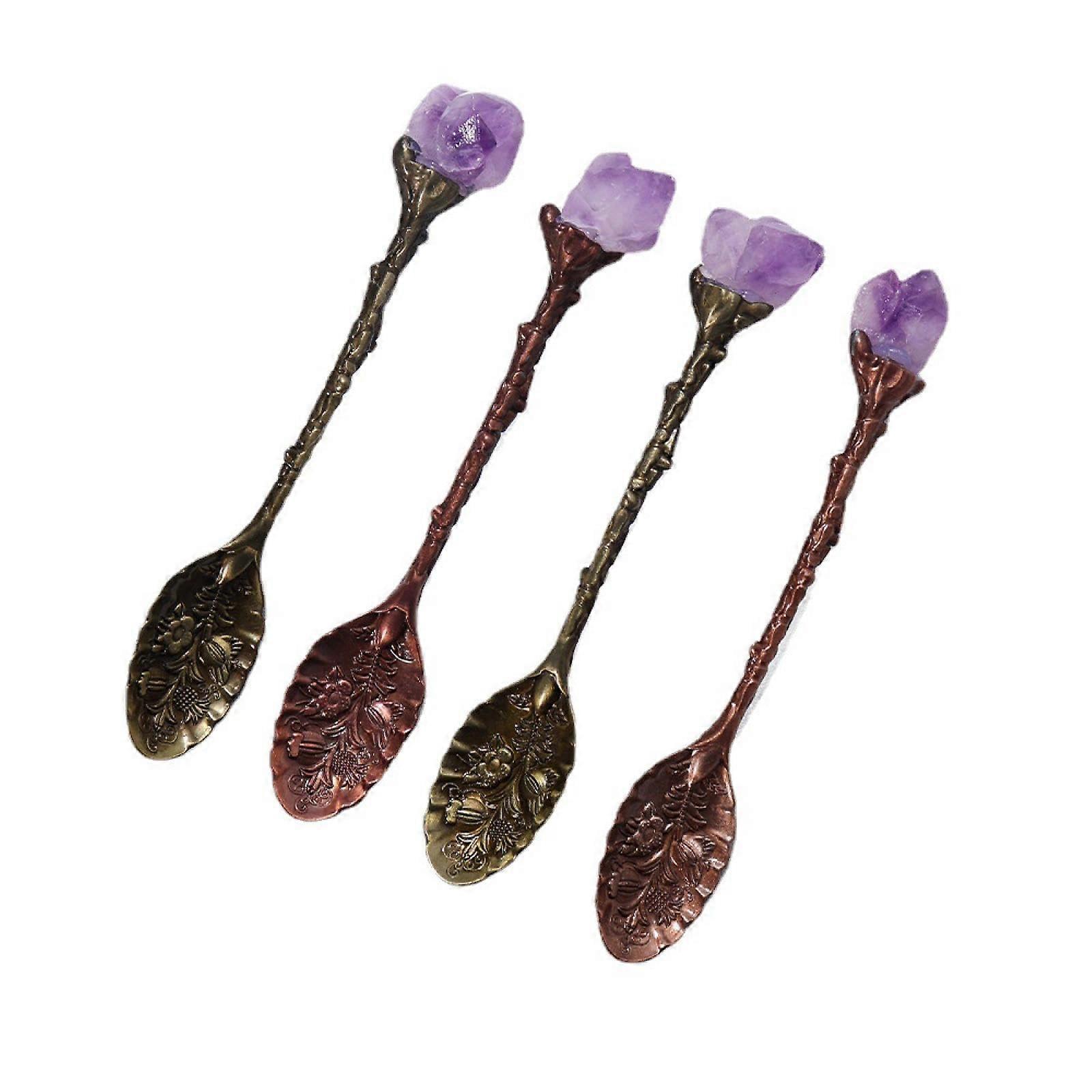 Natural Amethyst Long Handle Dessert Spoons Set of 2 for Ice Cream Soup and Stirring Purple Red