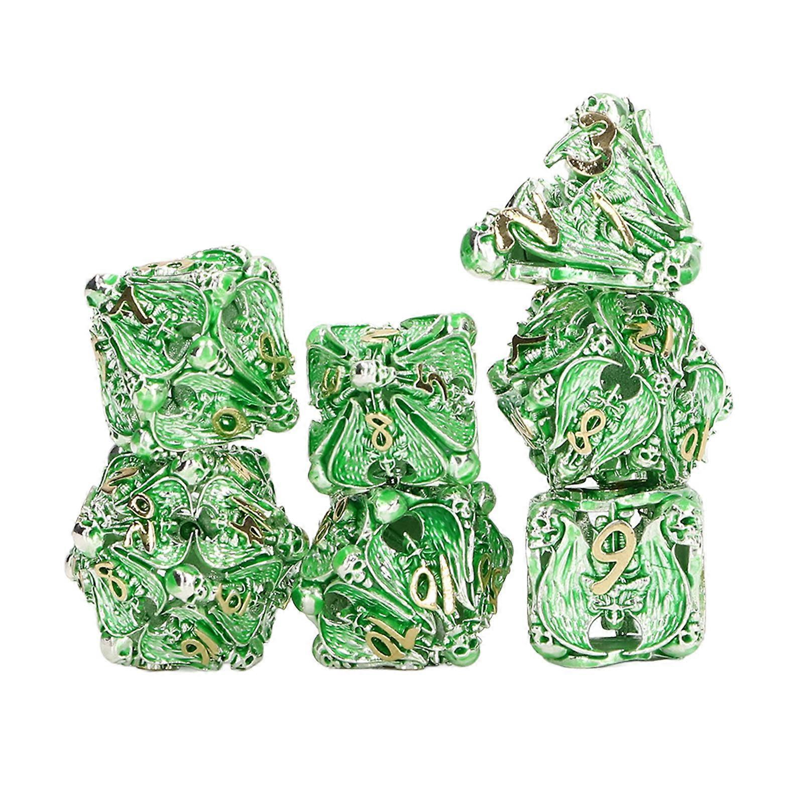 7pcs Copper Polyhedral Dice Set Skull Pattern Silver Green