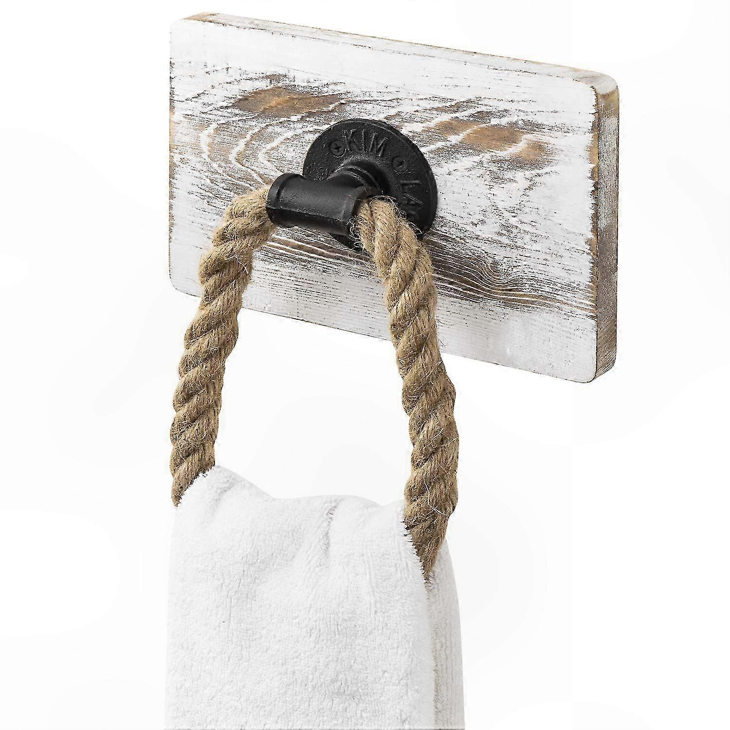 Rustic Whitewashed Wood and Metal Pipe Towel Ring for Bathroom or Kitchen Use