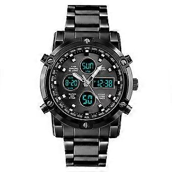 Herenmodehorloge, multifunctioneel, drie tijdzones, grote wijzerplaat, elektronisch, stalen band, zwart, stijlvol, duurzaam