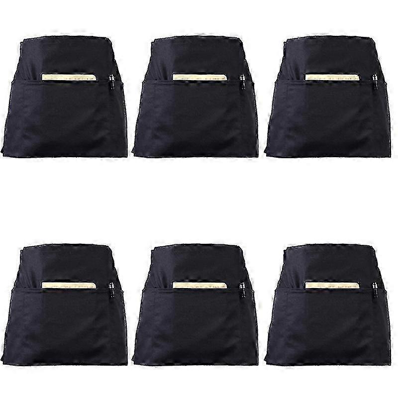 6 Pack Half Apron for Server with 3 Pockets Black 24 X 12 Inch Waist