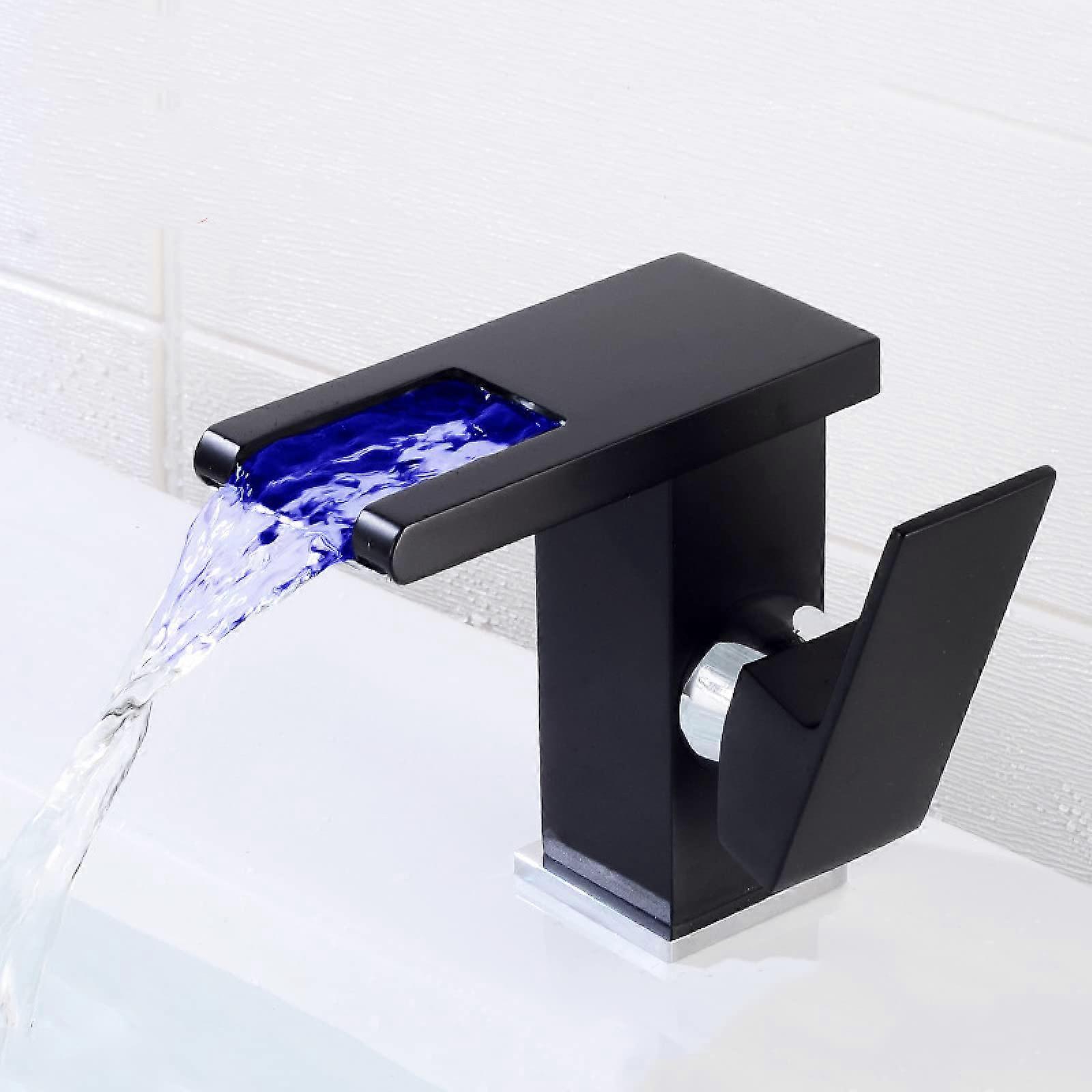 Led Waterfall Bathroom Sink Brass Mixer, 3Color Change LED, SingleHandle 1Hole Basin Mixer, Black Commemoration Day