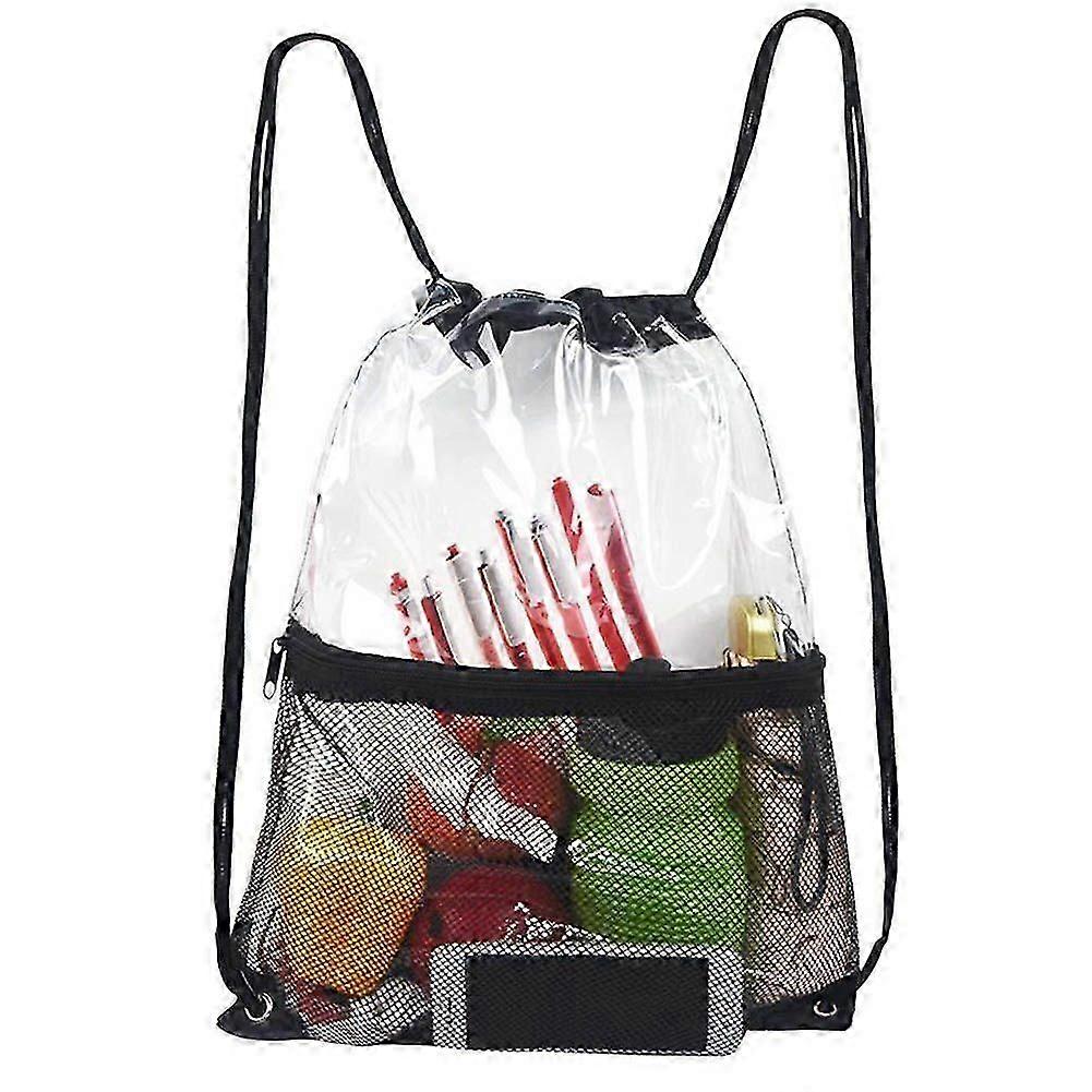 Portable Clear Drawstring Bag PVC Drawstring Backpack with Front Zipper Mesh Pocket