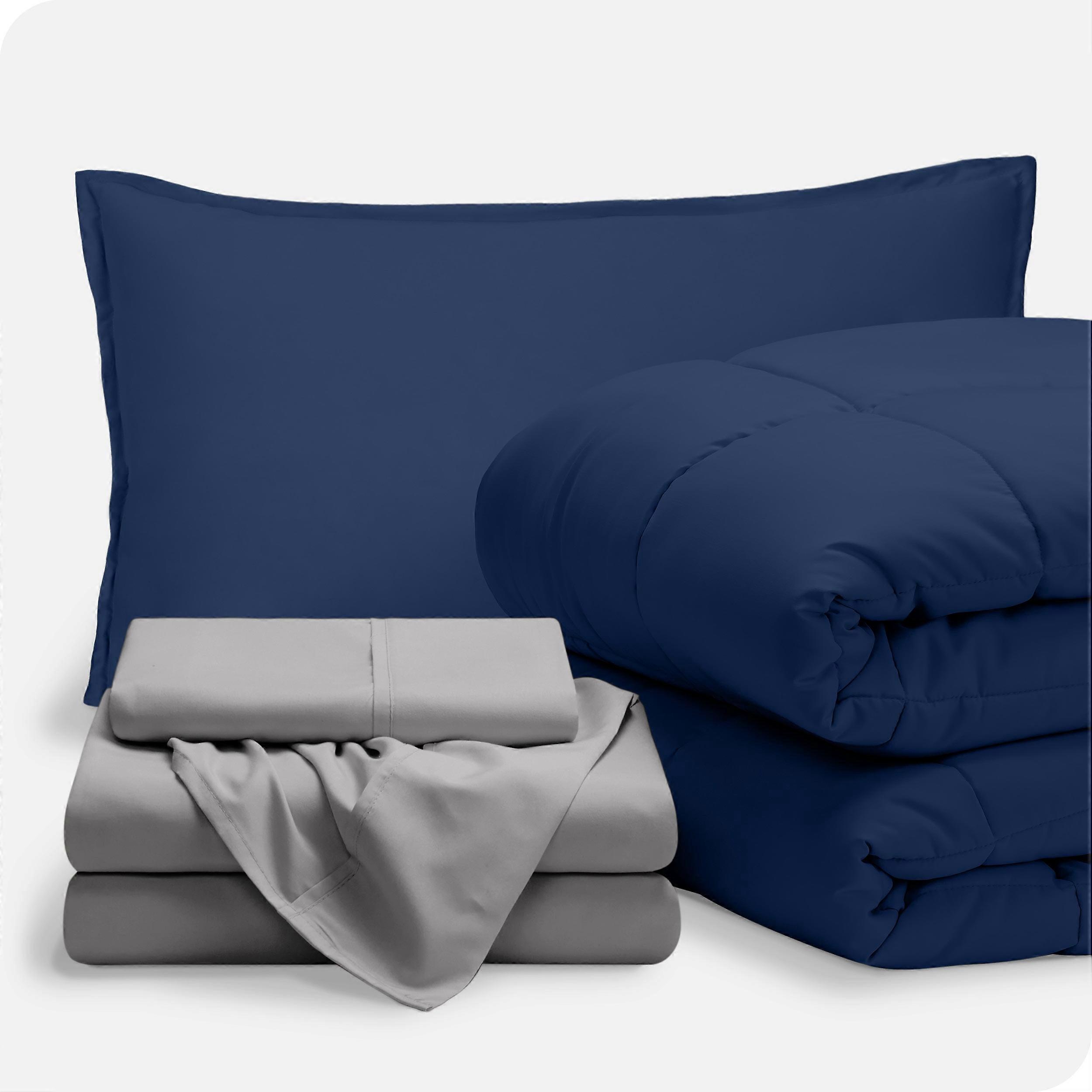 Bare Home 5-Piece Bed-in-a-Bag - Twin, Dark Blue with Light Gray Sheet Set