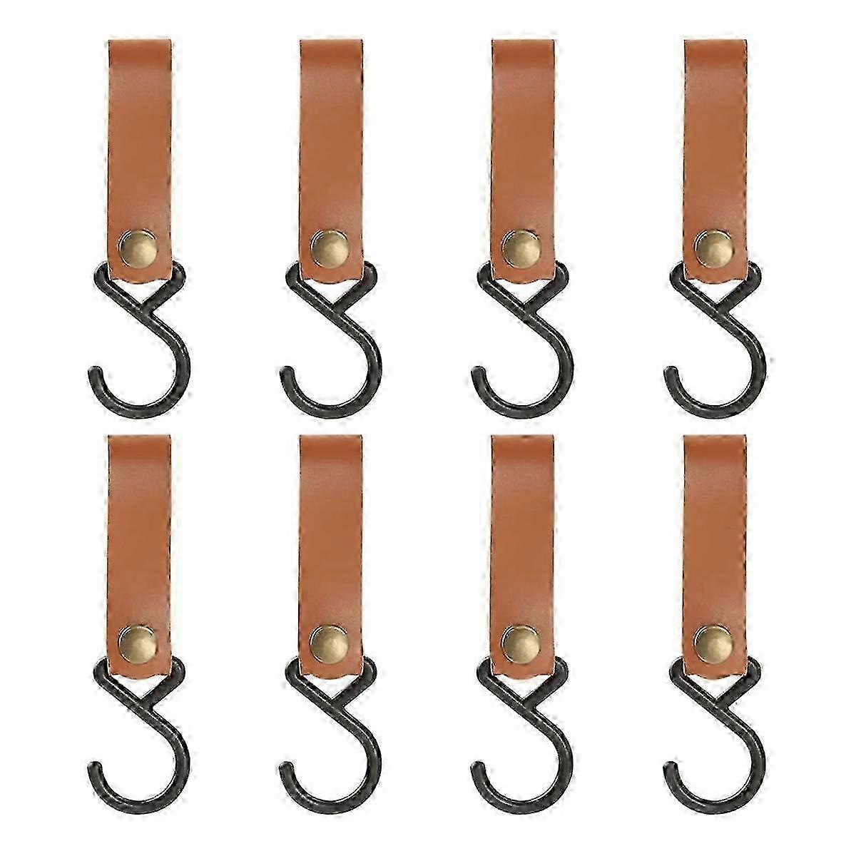 8 Pcs Leather S-Hooks Leather Hook,S-Hooks S Shaped Hooks Coat Hook for Hanging, Camping Hook Hanger Hooks (Brown)
