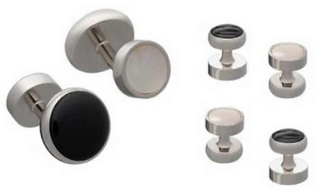 David Van Hagen Reversible Onyx and Mother Of Pearl Cufflink and Dress Stud Set - Black/White/Silver