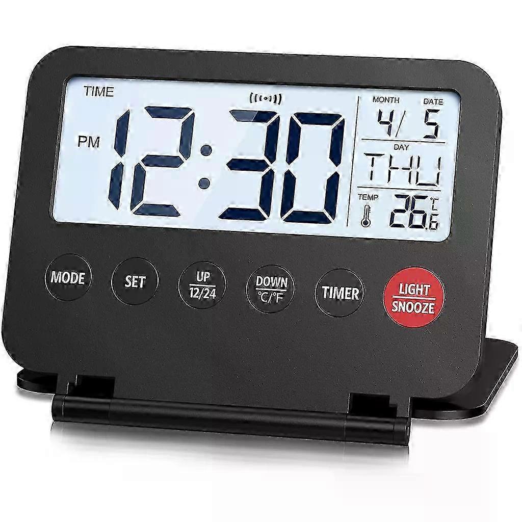 Portable Digital Alarm Clock, 12/24H, Calendar & Temperature, Foldable Design with Backlight for Travel/Home 25-26s