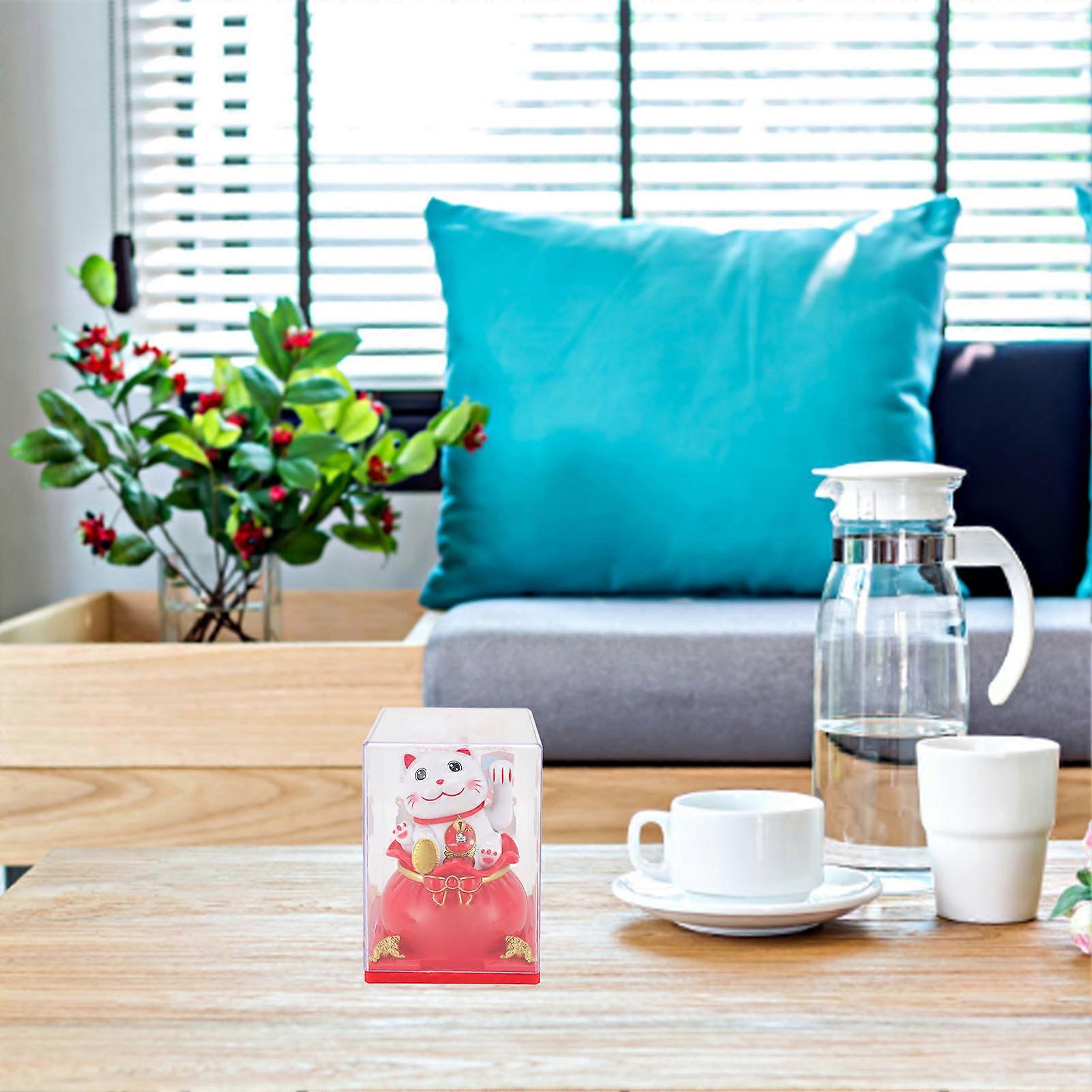 Lucky Cat Figurine Solar Powered Light Sensor Waving Arm Good Luck Cat Statue for Wealth Welcoming Decor Red 