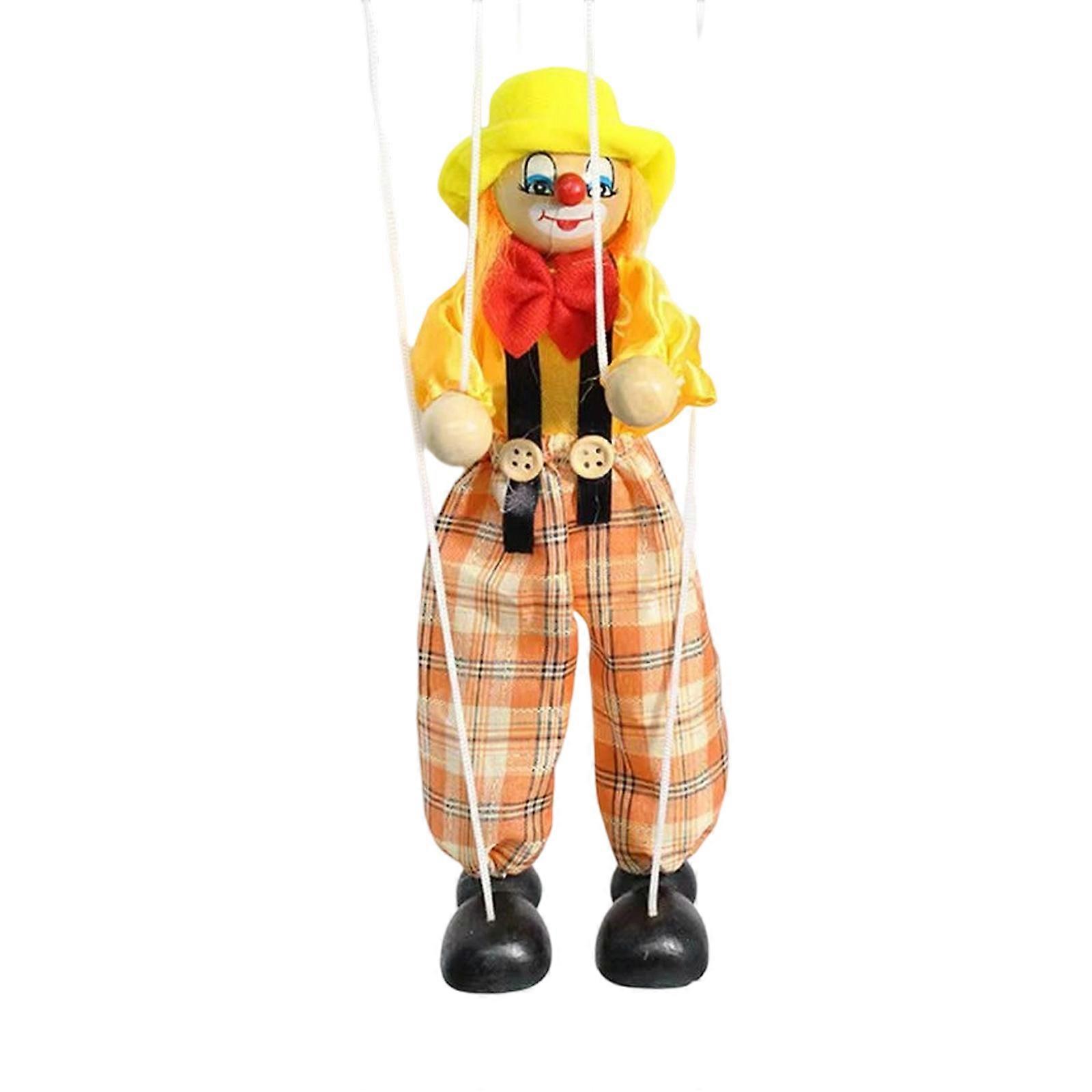 Interactive Clown Marionette Pull String Puppet Toy Wooden Handcrafts Traditional Toy For Kids Pretend Play Activity  Yellow