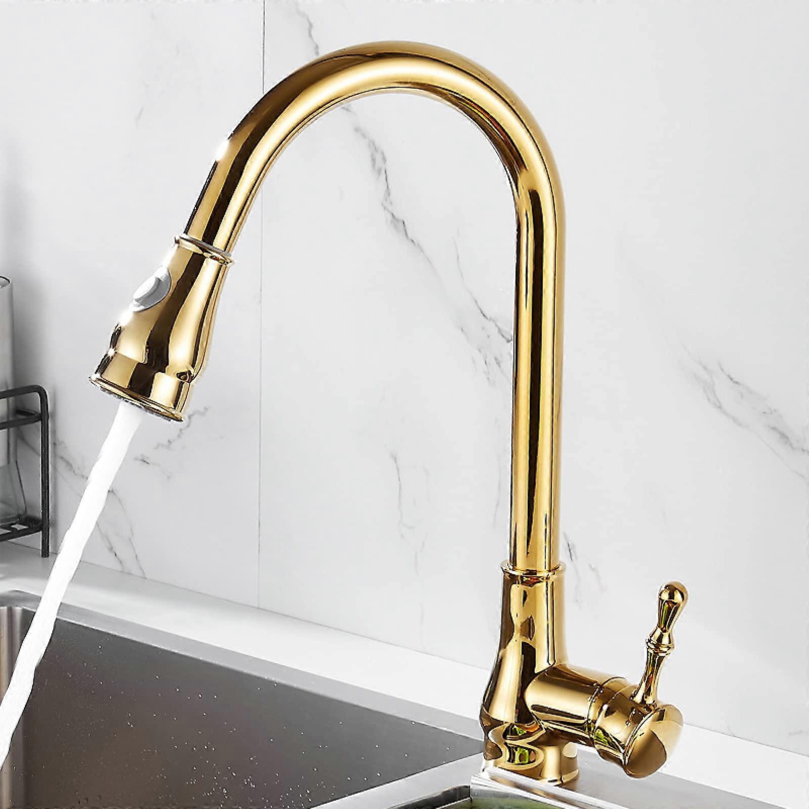 Kitchen Sink Taps Gold Finish Pull Out Spray Brass Single Handle 360 Degree Swivel Two Spray Modes Faucet Model A