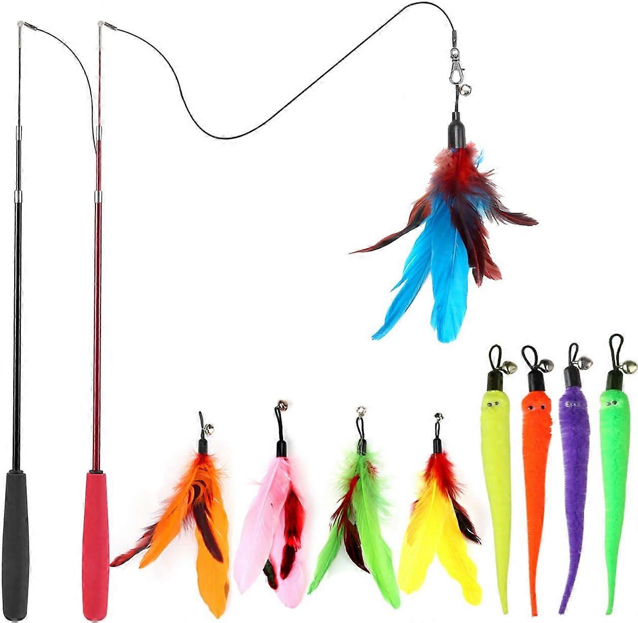Cat Feather Toy, Retractable Cat Toys Wand 2 Wands & 9 Assorted Teaser Refills, Interactive Feather Teaser Wand Toy