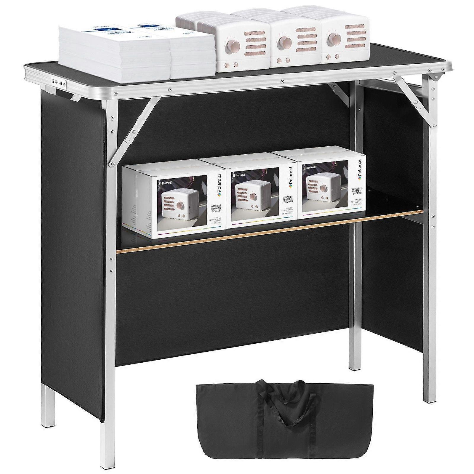 Folding Portable Bar Table, Tradeshow Podium Table for Party, Picnic, Exhibition, Includes Carrying Case, Storage Shelf and  Black Skirt