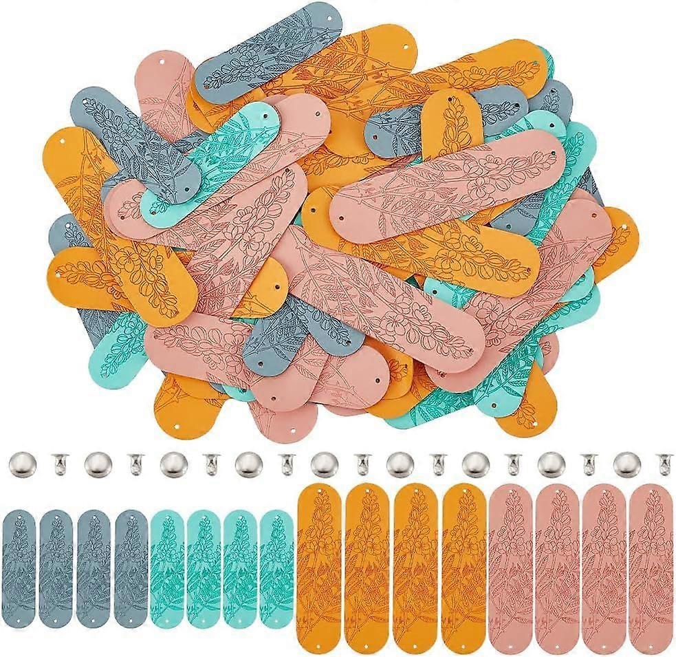 56 Sets 4 Color PU Leather Garment Label Printed Flower Imitation Leather Label with Hole Handmade Embossed Tag Rectangle Handmade Leather Label with 