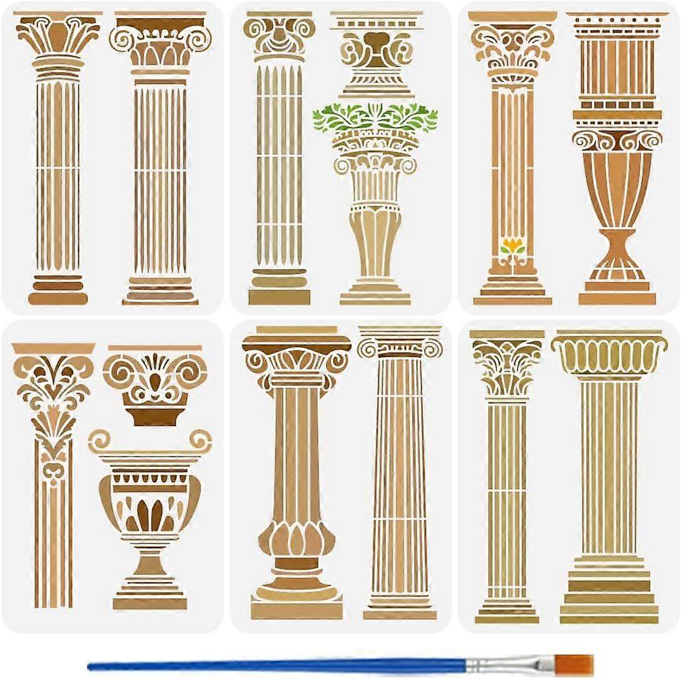 6 PCS Roman Column Stencils for Painting with Brush 8.3x11.7inch Reusable Roman Buildings Template Hollowed Geometric Pattern Stencil Plastic PET Cons