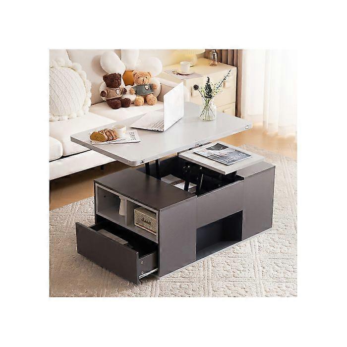 Grey storage coffee table, living room height-adjustable coffee table, height-adjustable sofa side table with two drawers