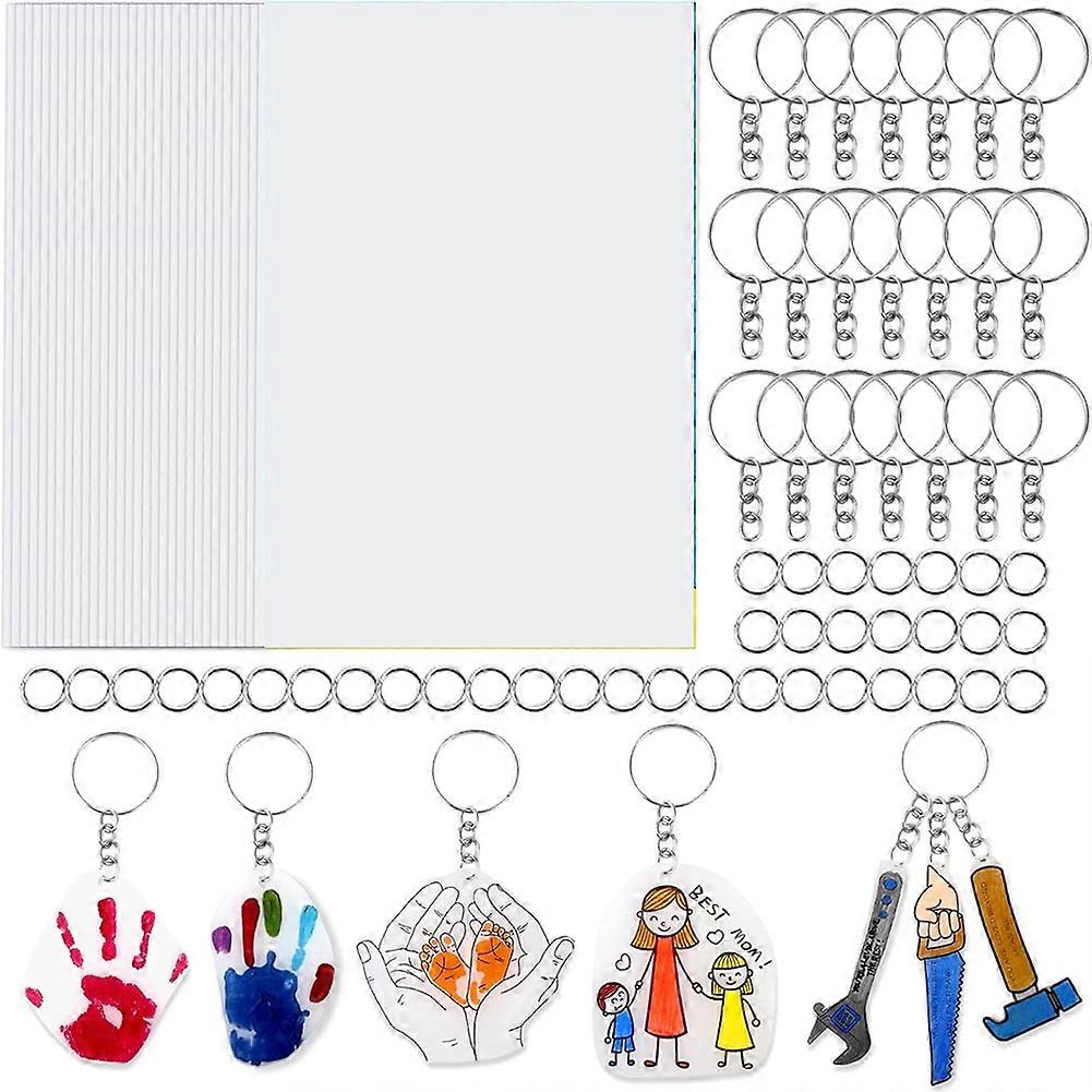 30PCS Shrink Plastic Sheets for Kids with 30 Keychains & 100 Jump Rings, Shrink Films Papers,for DIY Handprint Keychains