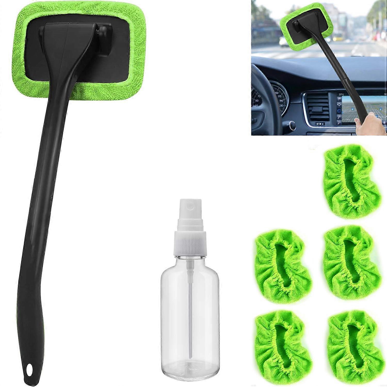 Car Windshield Cleaner with Extendable Handle and 5 Washable Microfiber Pads for Auto Glass (Green)