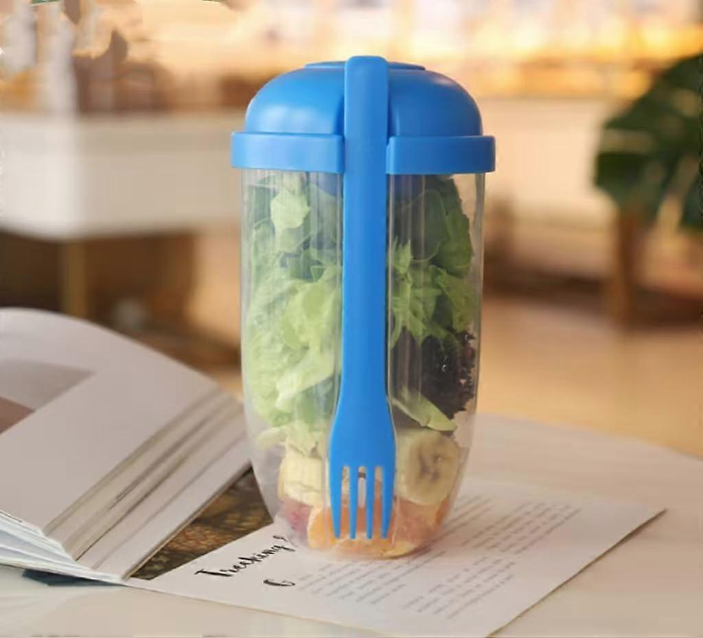 Salad Shaker Cup with Large Capacity Fork and Lid, Dressing Cup Holder for Healthy Lunch (Blue)